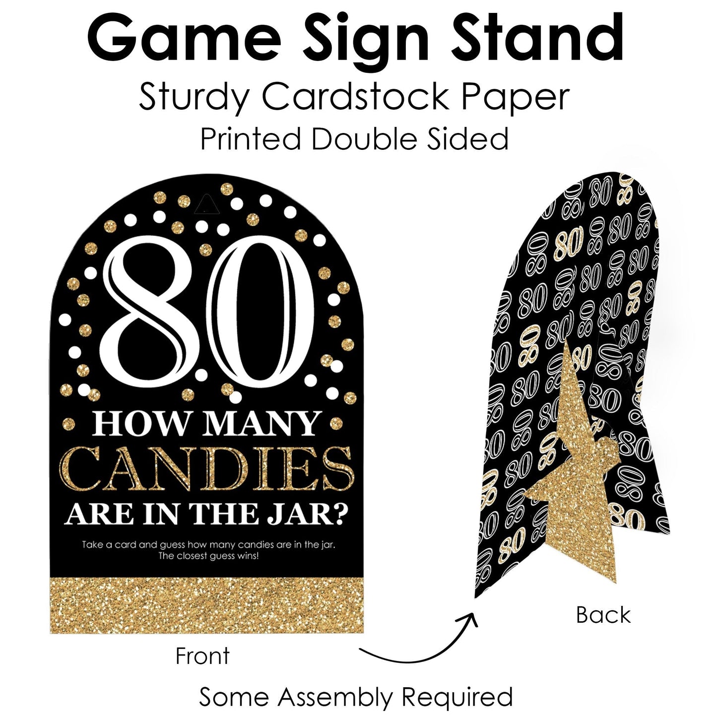 Adult 80th Birthday - Gold - How Many Candies Birthday Party Game - 1 Stand and 40 Cards - Candy Guessing Game