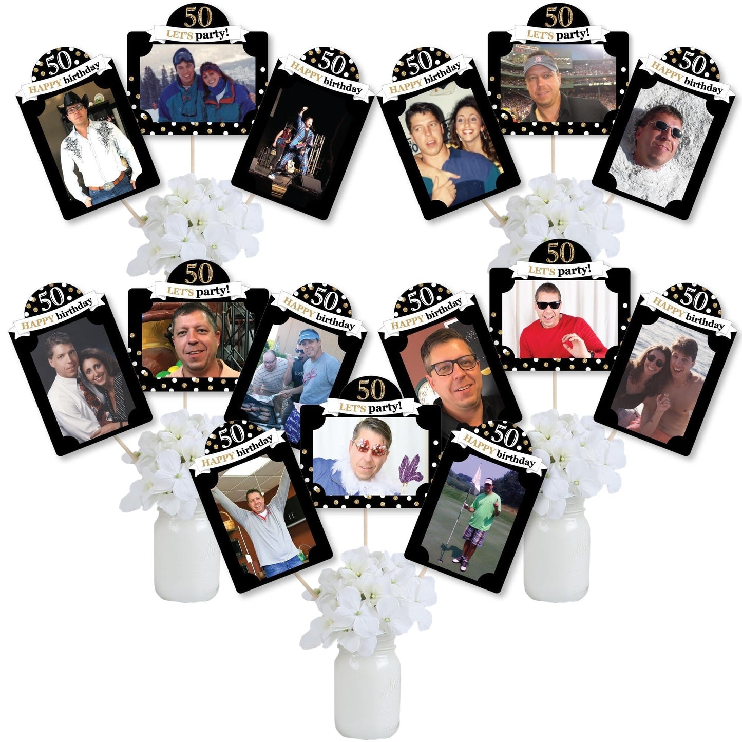 Adult 50th Birthday - Gold - Birthday Party Picture Centerpiece Sticks - Photo Table Toppers - 15 Pieces