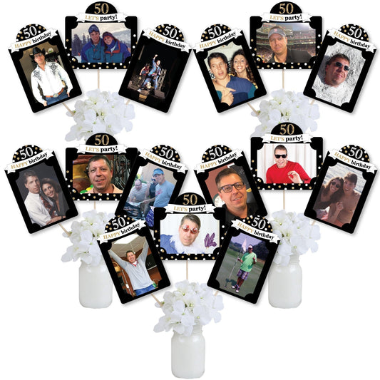Adult 50th Birthday - Gold - Birthday Party Picture Centerpiece Sticks - Photo Table Toppers - 15 Pieces