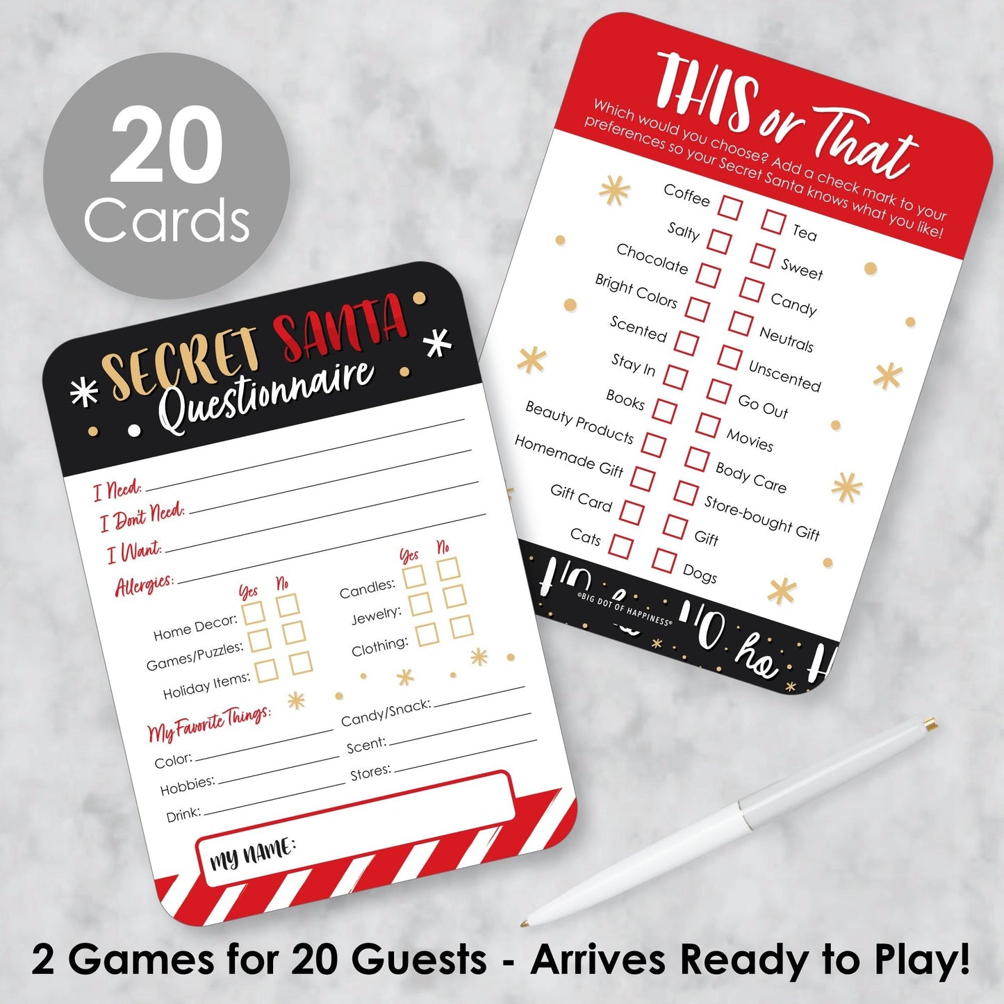 Secret Santa Fill-In Questionnaire Form - Christmas Gift Exchange Party Cards - Activity Duo Games - Set of 20