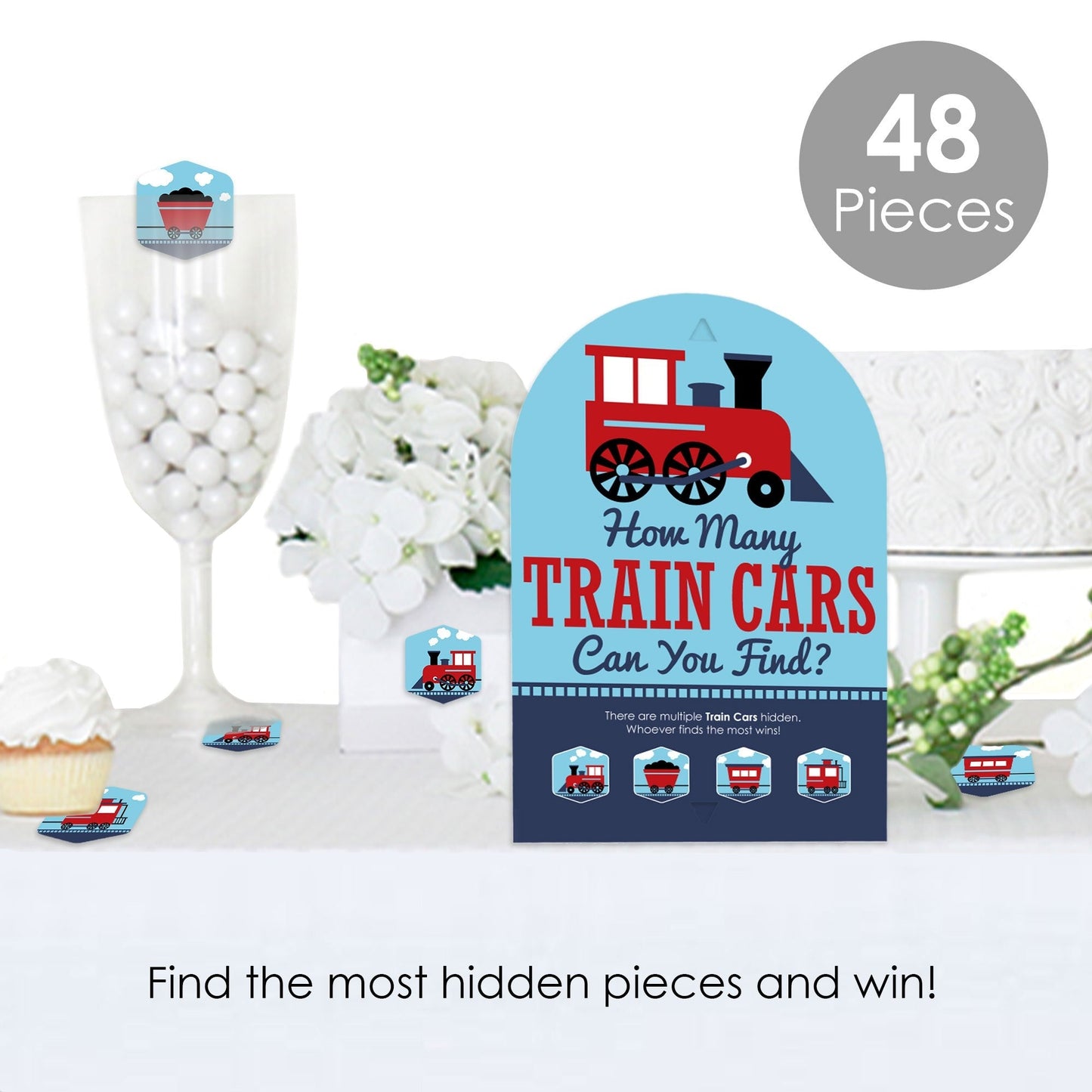 Railroad Party Crossing - Steam Train Birthday Party or Baby Shower Scavenger Hunt - 1 Stand and 48 Game Pieces - Hide and Find Game