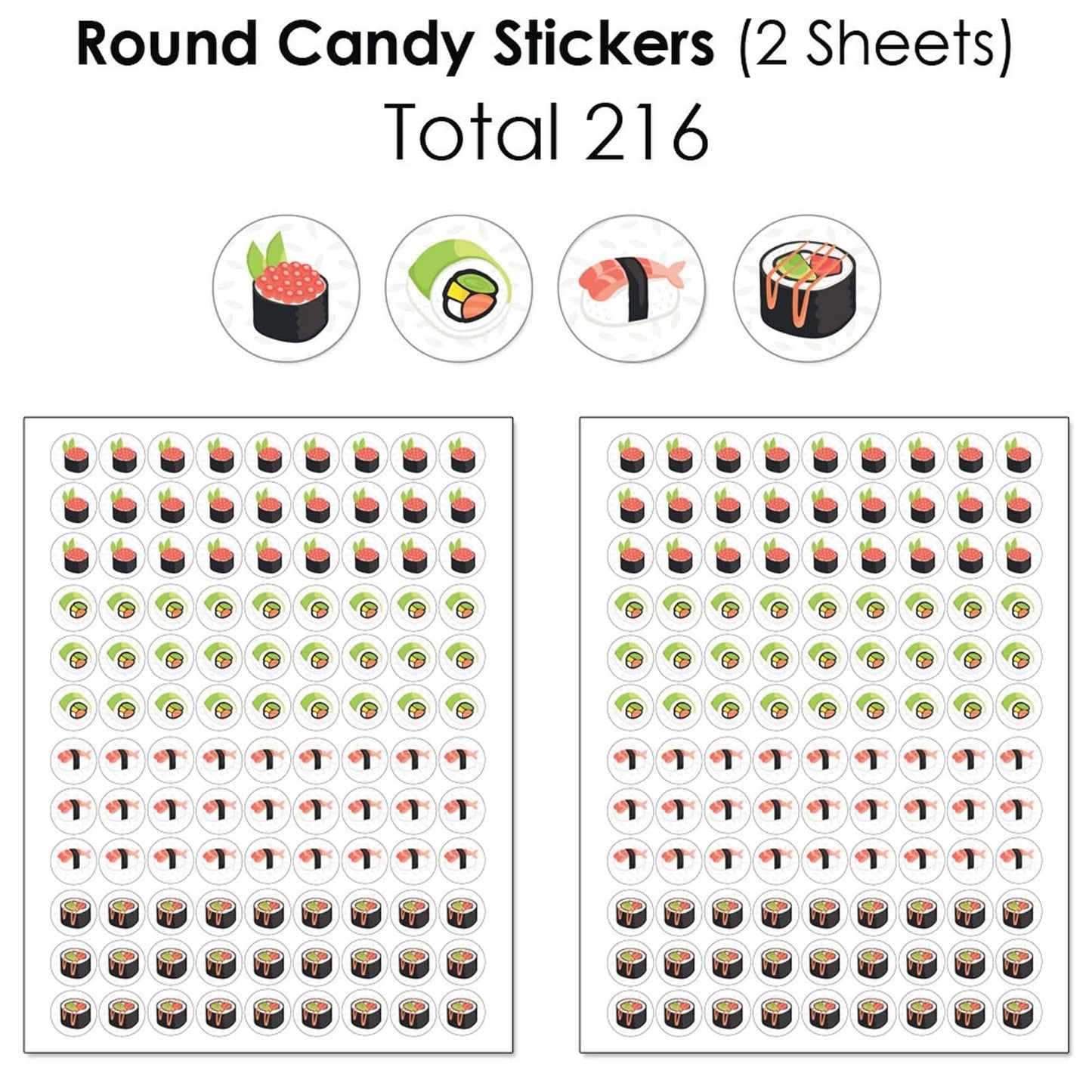 Let's Roll - Sushi - Mini Candy Bar Wrappers, Round Candy Stickers and Circle Stickers - Japanese Party Candy Favor Sticker Kit - 304 Pieces
