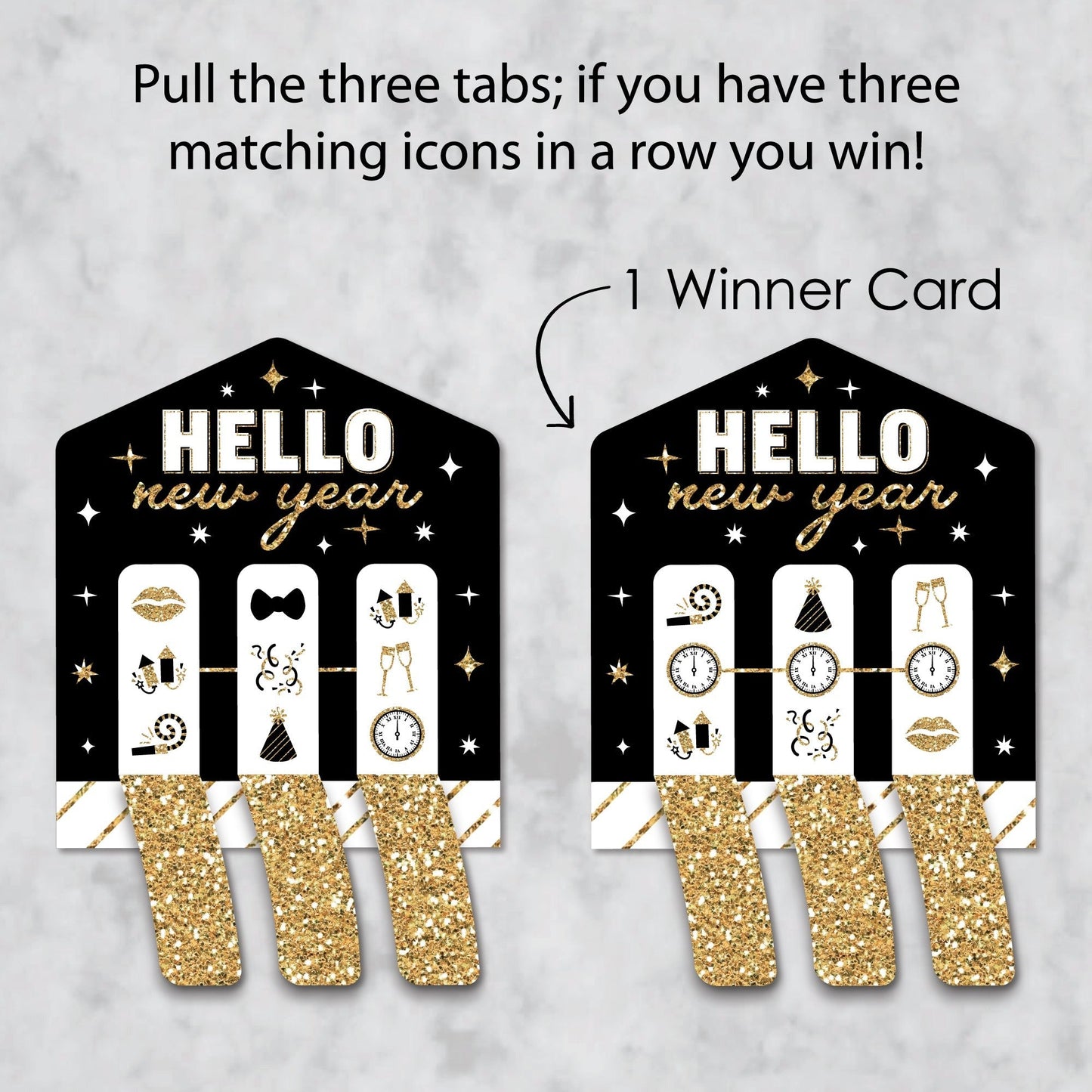 Hello New Year - NYE Party Game Pickle Cards - Pull Tabs 3-in-a-Row - Set of 12