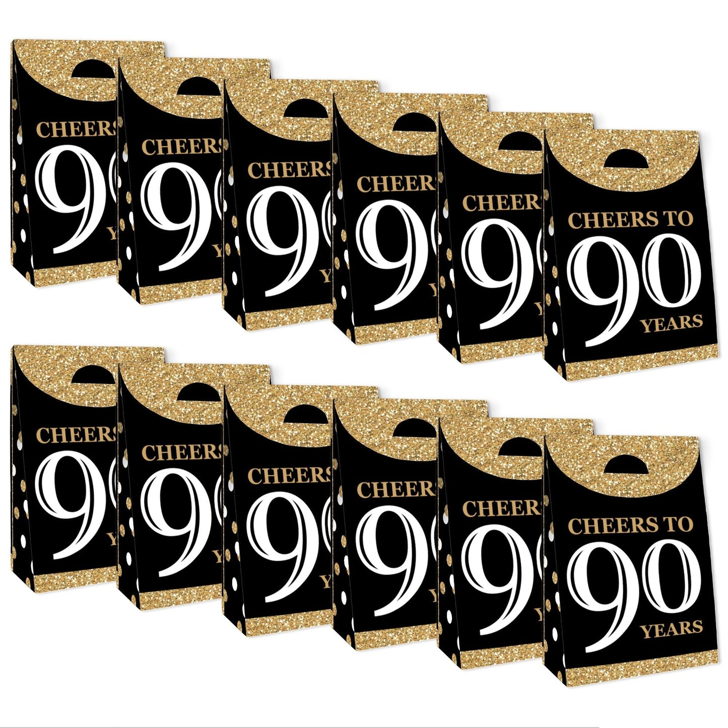 Adult 90th Birthday - Gold - Birthday Gift Favor Bags - Party Goodie Boxes - Set of 12