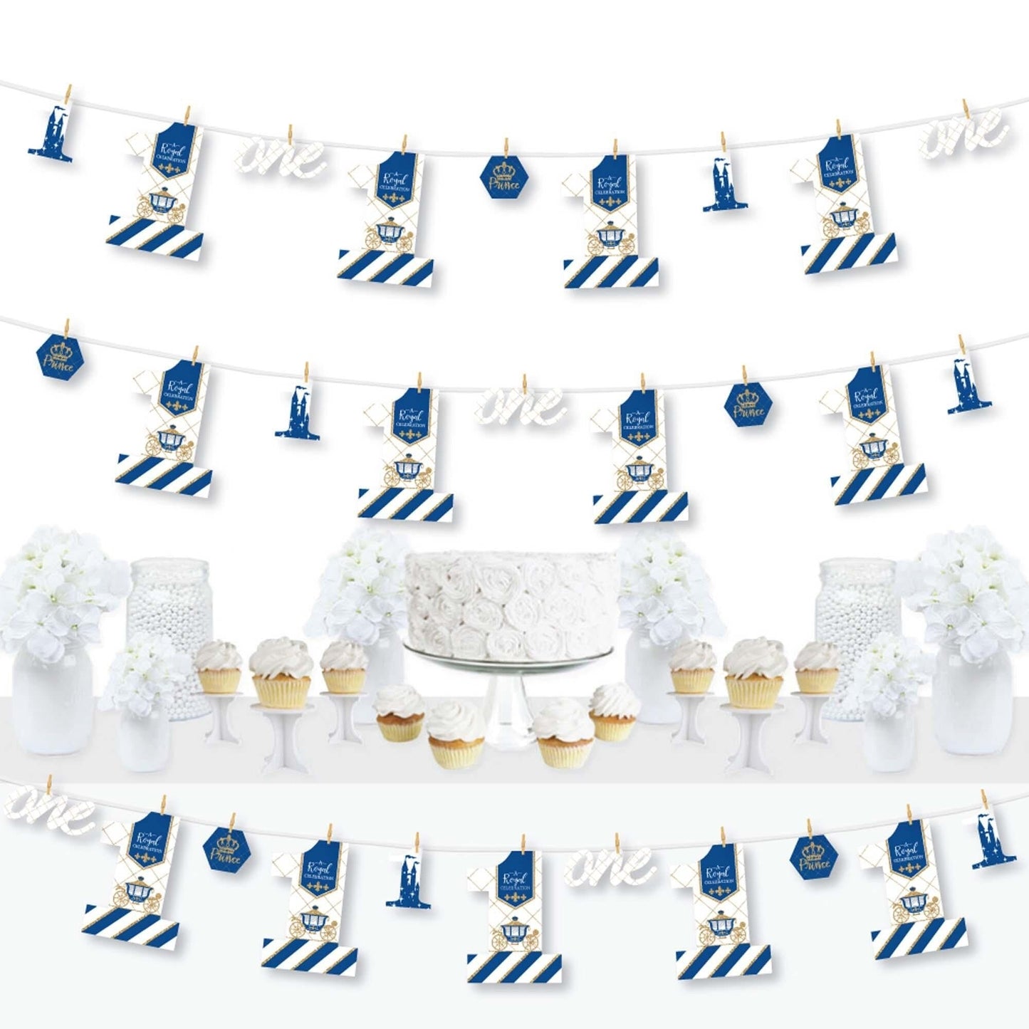 1st Birthday Royal Prince Charming - First Birthday Party DIY Decorations - Clothespin Garland Banner - 44 Pieces