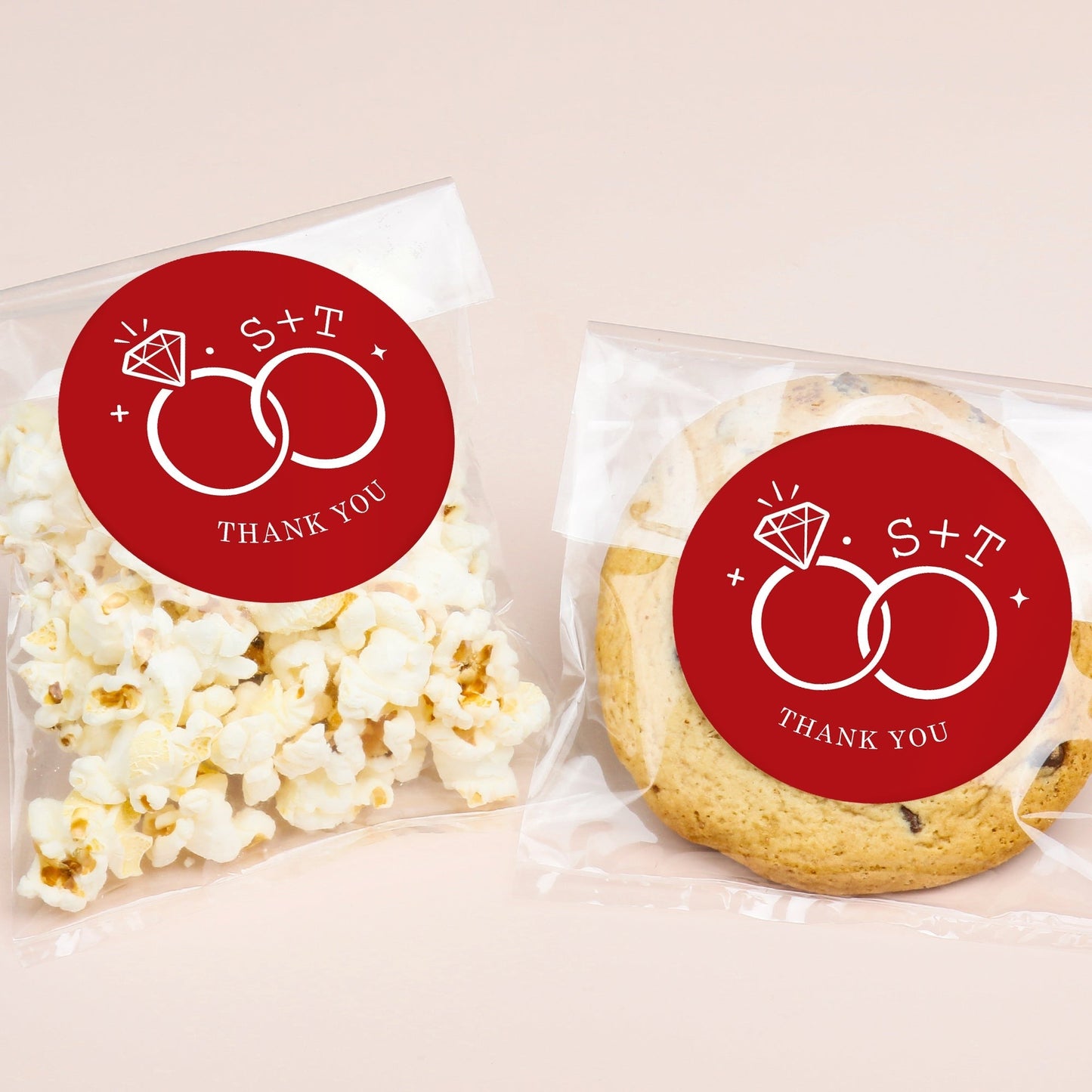 Custom Text Stickers & Clear Cookie Bags - Cherry Red Wedding Rings