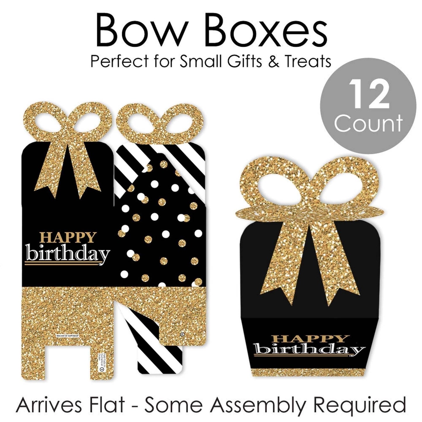 Adult Happy Birthday - Gold - Square Favor Gift Boxes - Birthday Party Bow Boxes - Set of 12