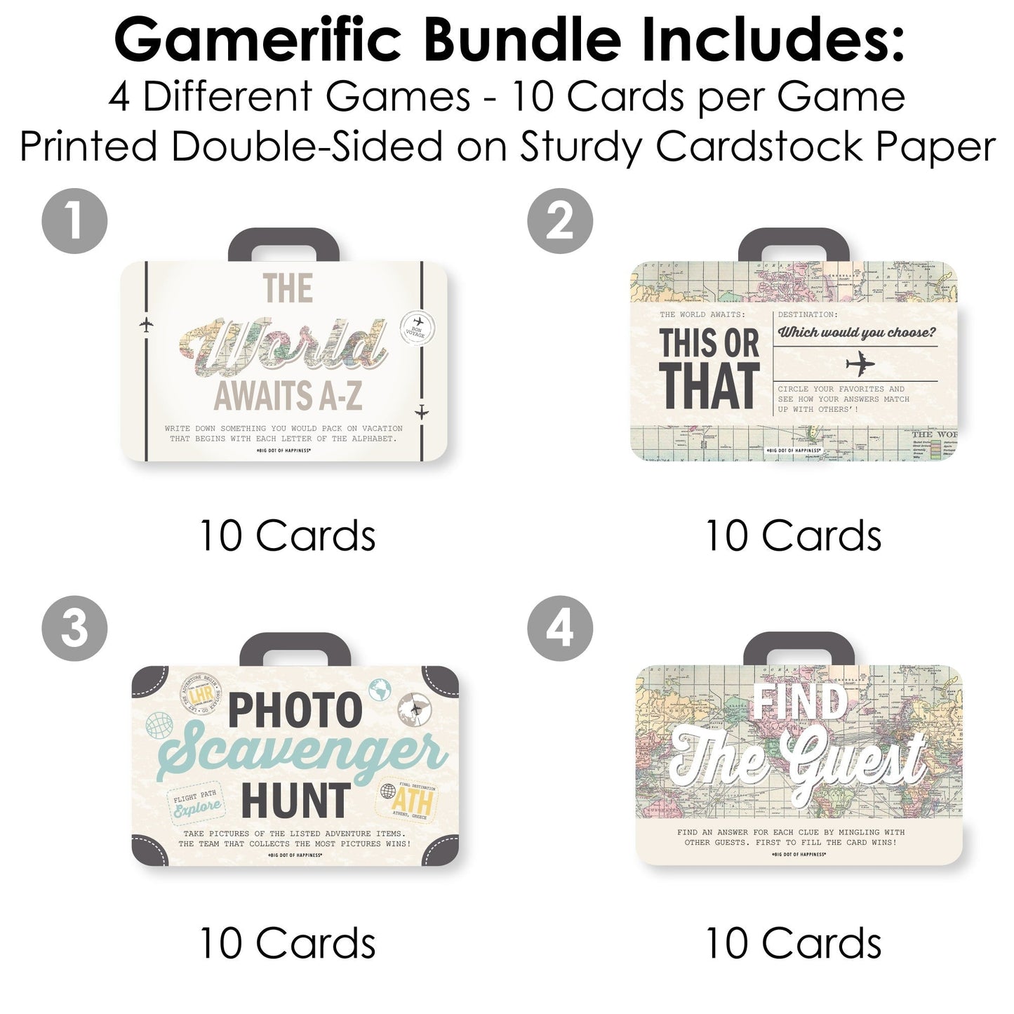World Awaits - 4 Travel Themed Party Games - 10 Cards Each - Gamerific Bundle