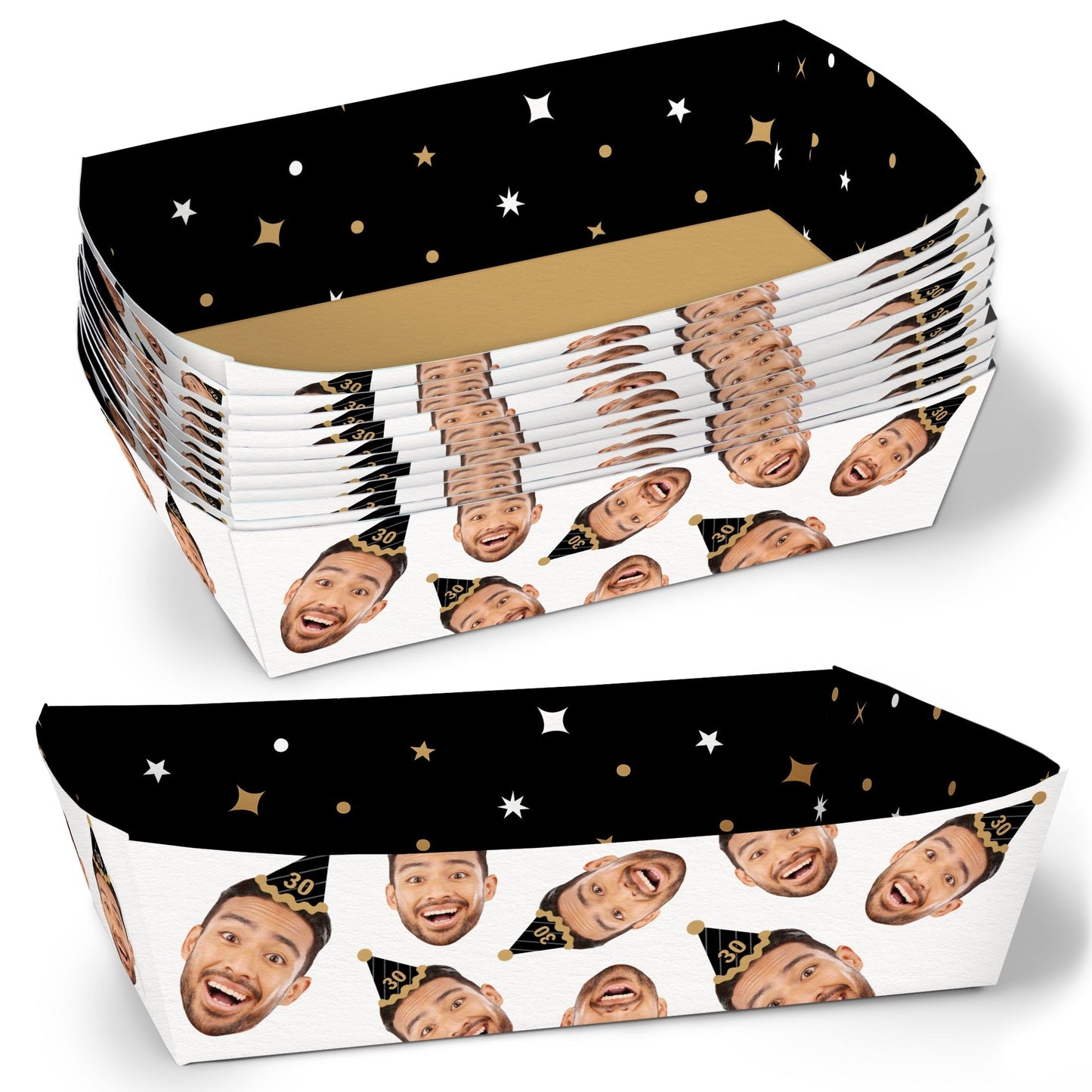 Custom Face Black & Gold Paper Food Trays - 12 Ct