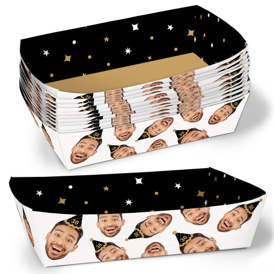 Custom Face Black & Gold Paper Food Trays - 12 Ct