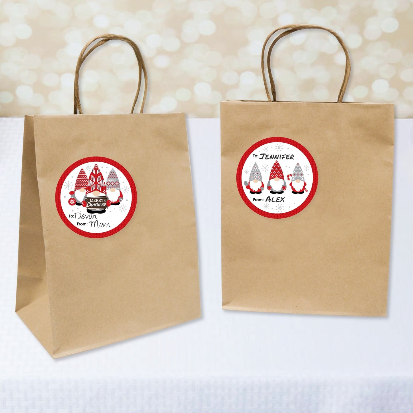 Christmas Gnomes - Round Holiday Party To and From Gift Tags - Large Stickers - Set of 8