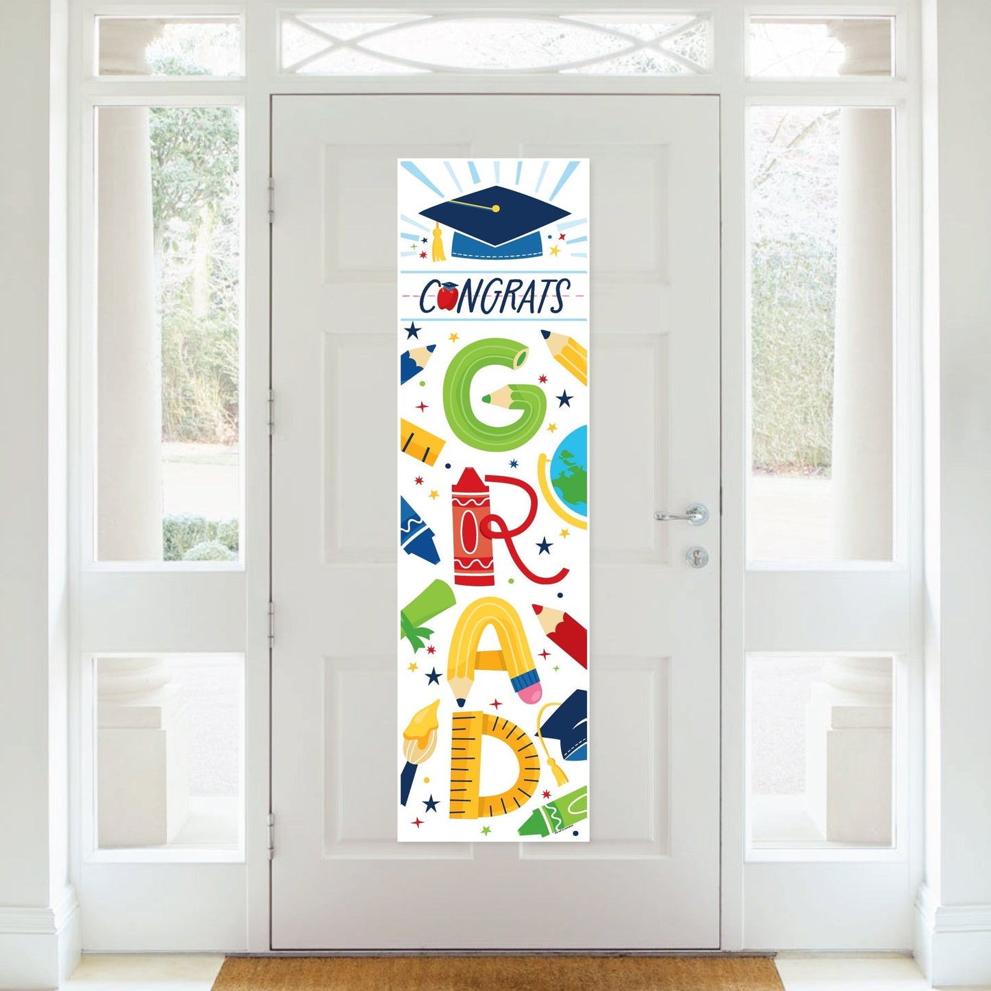 Kindergarten Grad - 4K Preschool Kids Graduation Party Front Door Decoration - Vertical Banner