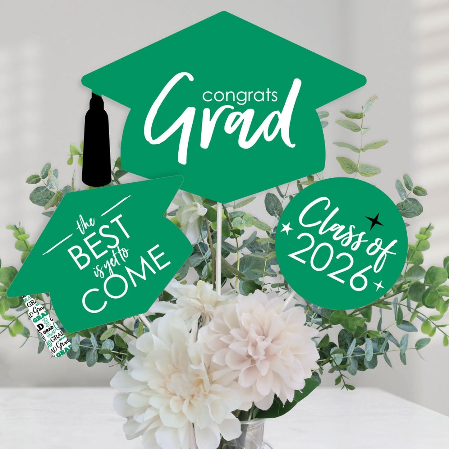 Green Grad - Best is Yet to Come - 2026 Green Graduation Party Centerpiece Sticks - Table Toppers - Set of 15