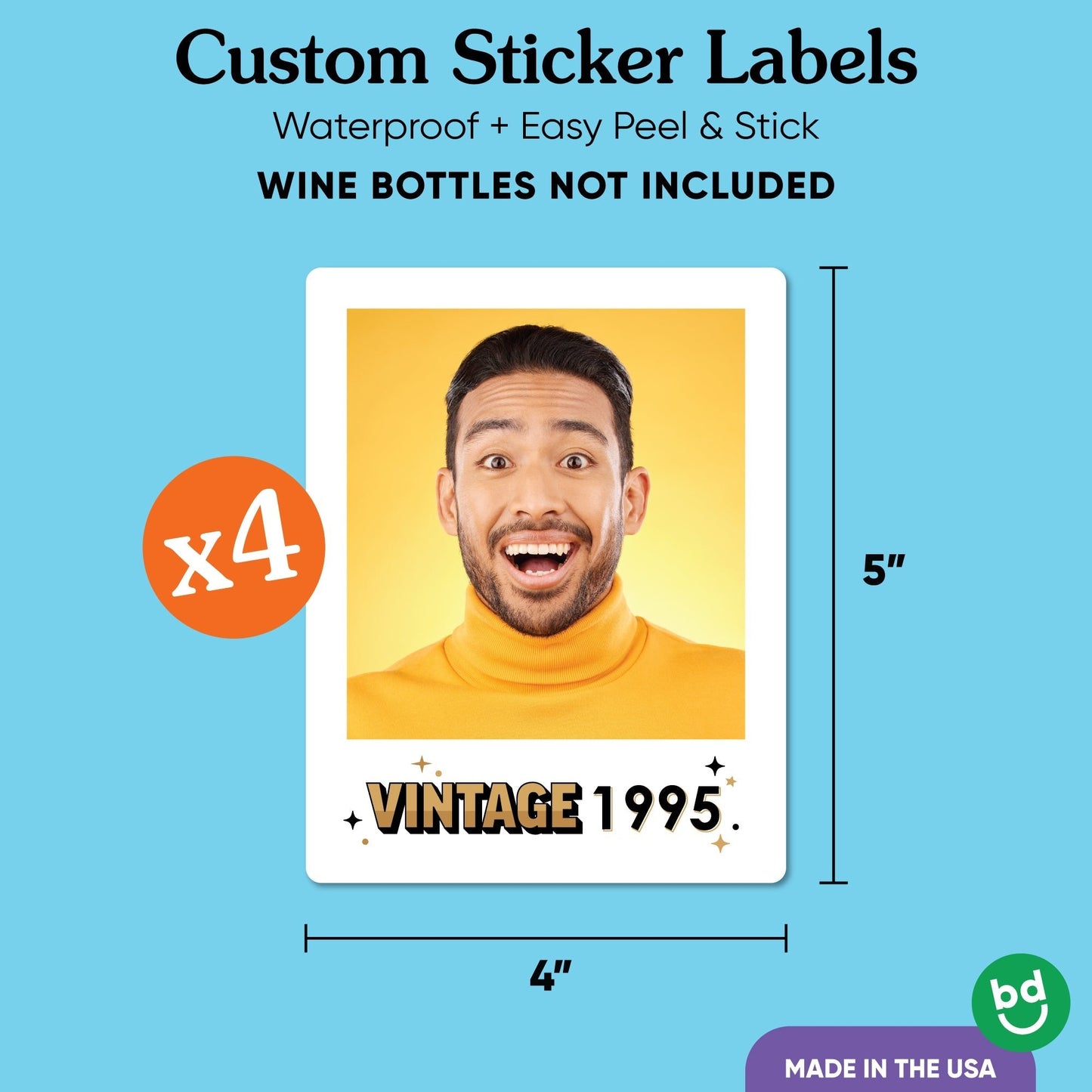 Custom Photo Vintage Birthday Wine Bottle Label Stickers - 4 Ct