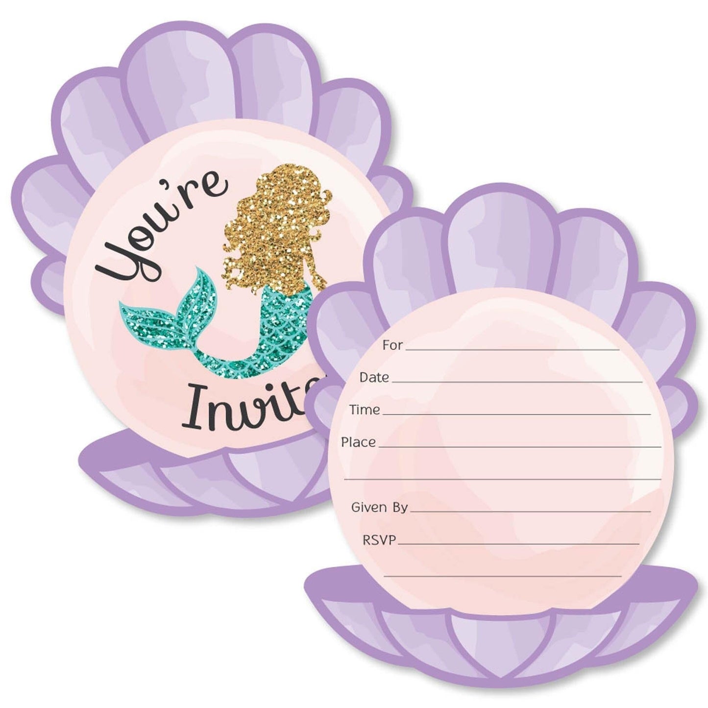 Let's Be Mermaids - Shaped Fill-In Invitations - Baby Shower or Birthday Party Invitation Cards with Envelopes - Set of 12