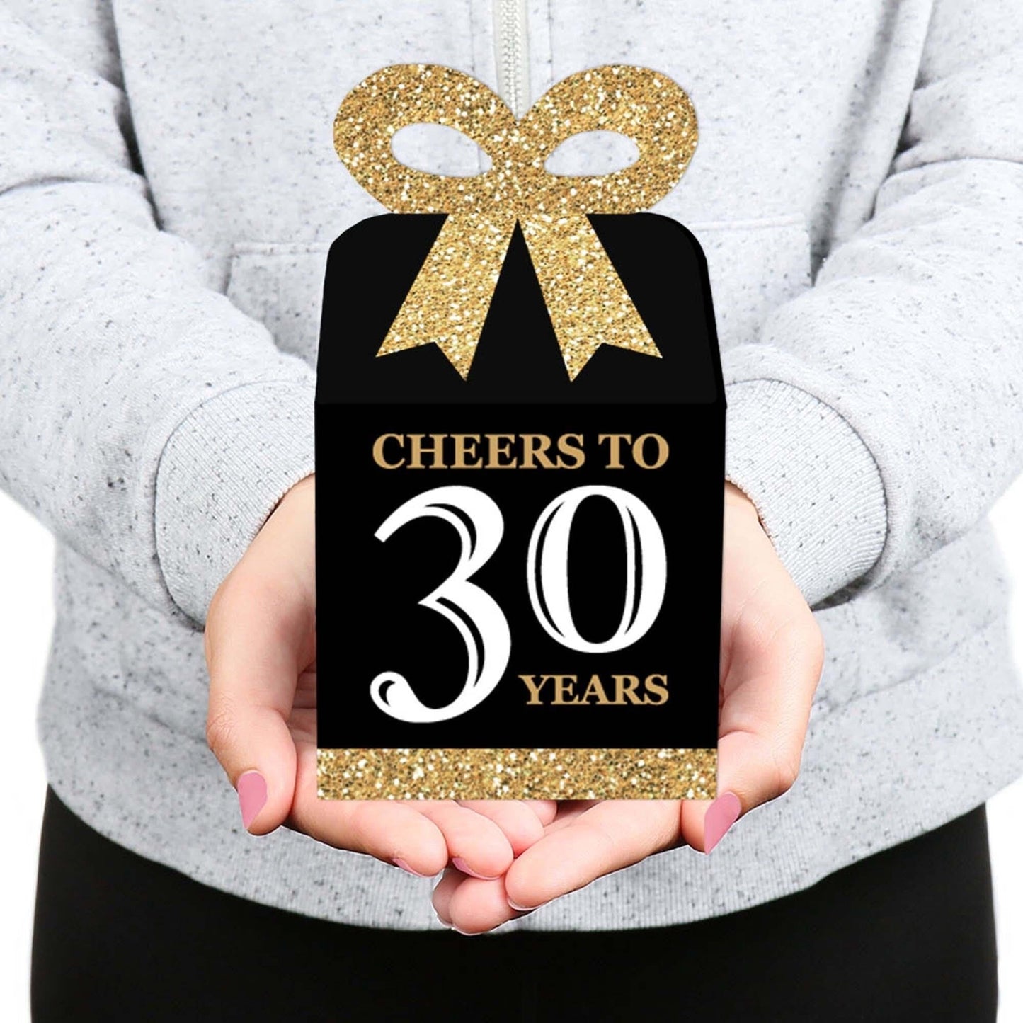Adult 30th Birthday - Gold - Square Favor Gift Boxes - Birthday Party Bow Boxes - Set of 12