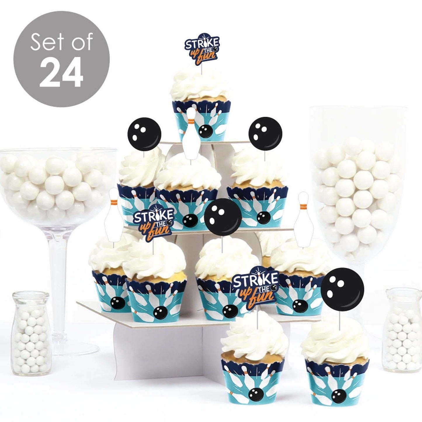 Strike Up the Fun - Bowling - Cupcake Decoration - Birthday Party or Baby Shower Cupcake Wrappers and Treat Picks Kit - Set of 24