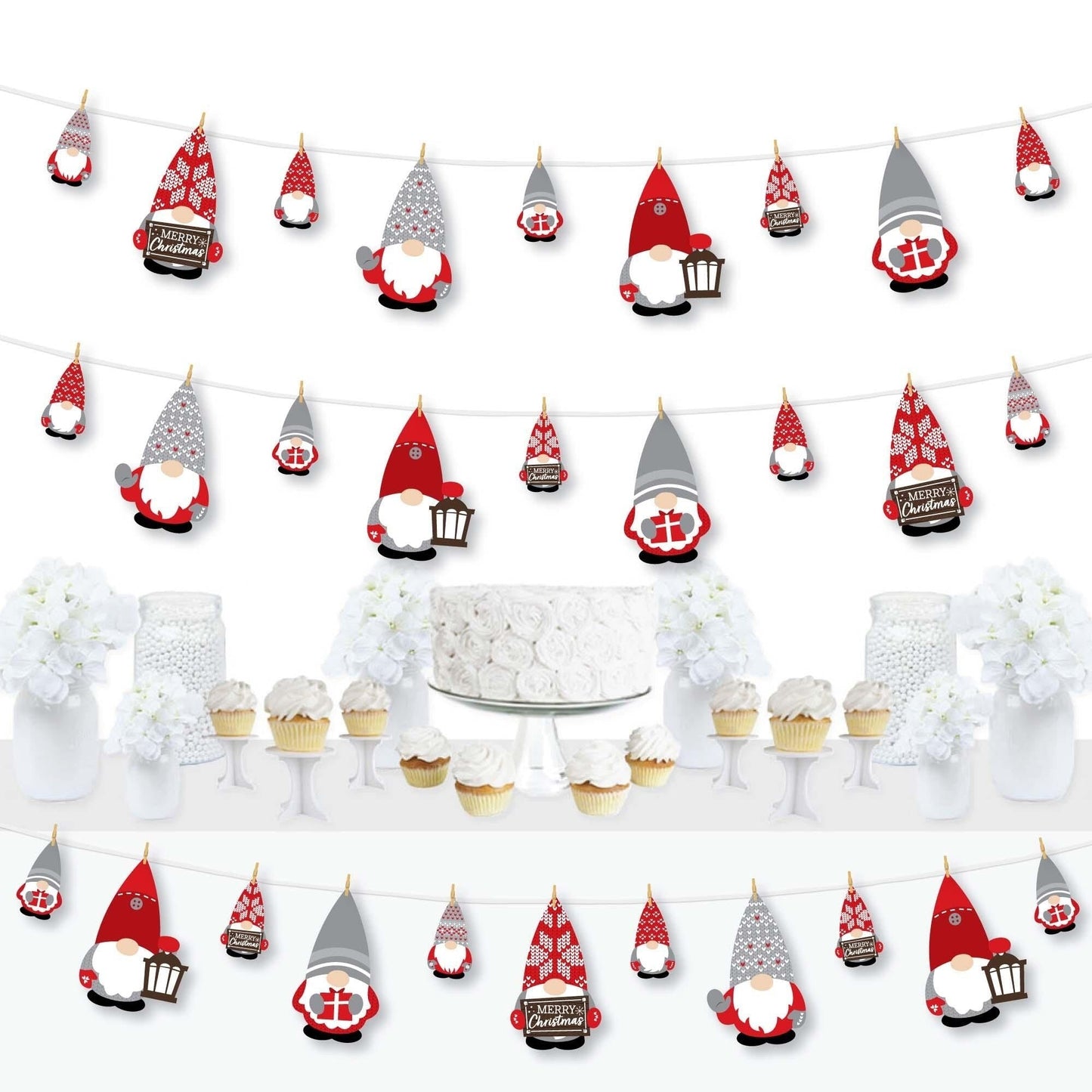 Christmas Gnomes - Holiday Party Decorations - Clothespin Garland Banner - 44 Pieces