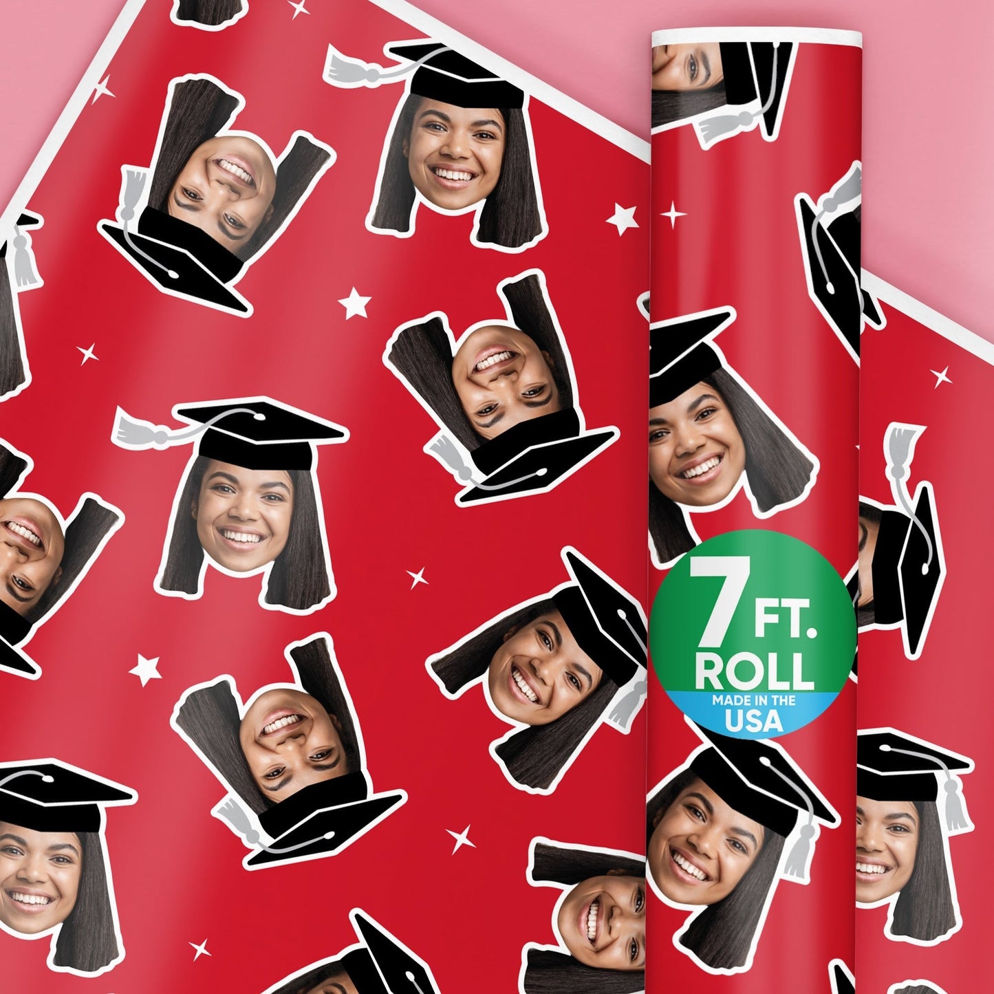 Personalized Photo Red Graduation Wrapping Paper, Graduate Cap with Tassel