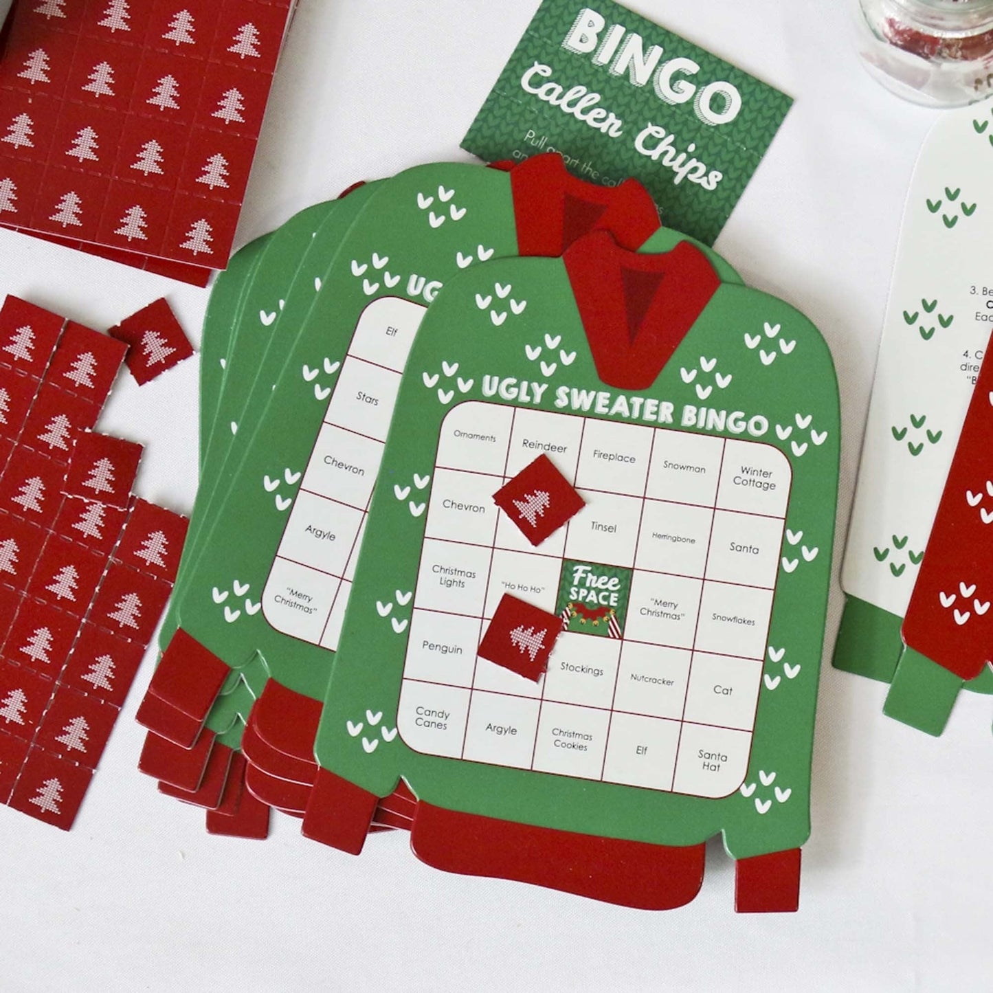 Ugly Sweater - Bar Bingo Cards and Markers - Holiday and Christmas Party Shaped Bingo Game - Set of 18