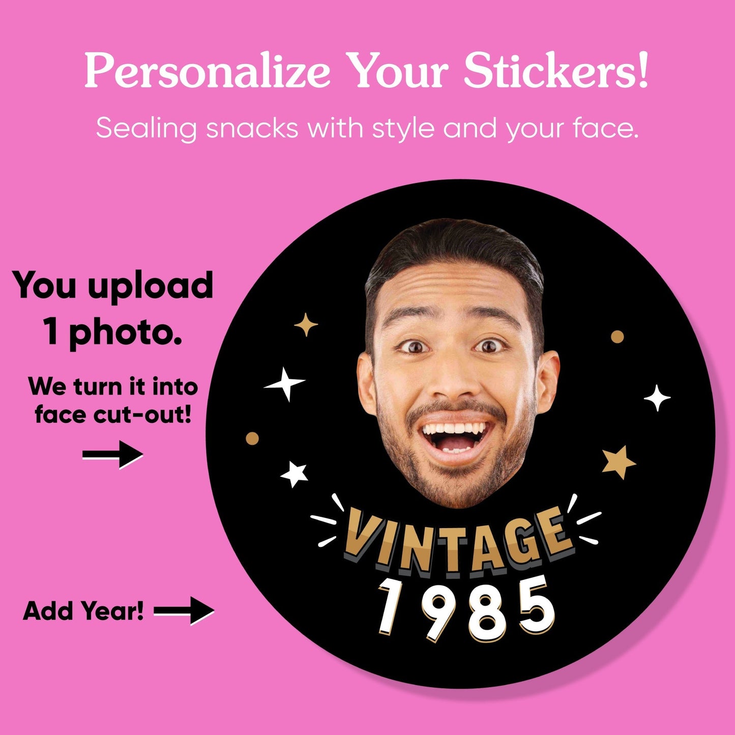 Custom Face Stickers & Clear Cookie Bags - Vintage Birthday
