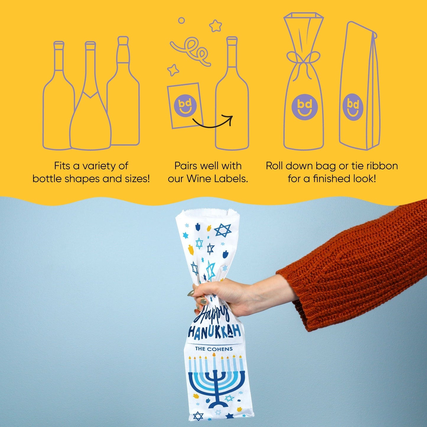 Custom Text Wine Bags - Hanukkah - 12 Ct