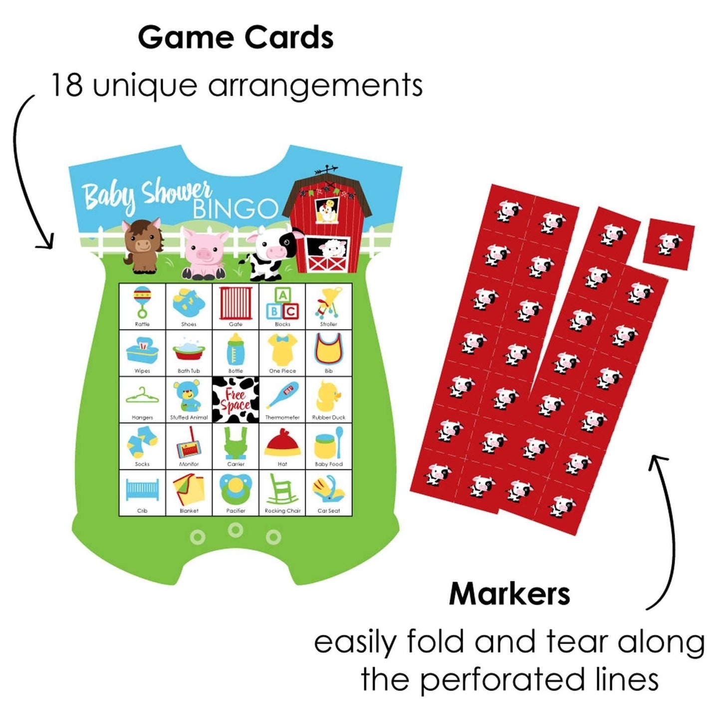 Farm Animals - Picture Bingo Cards and Markers - Barnyard Baby Shower Shaped Bingo Game - Set of 18
