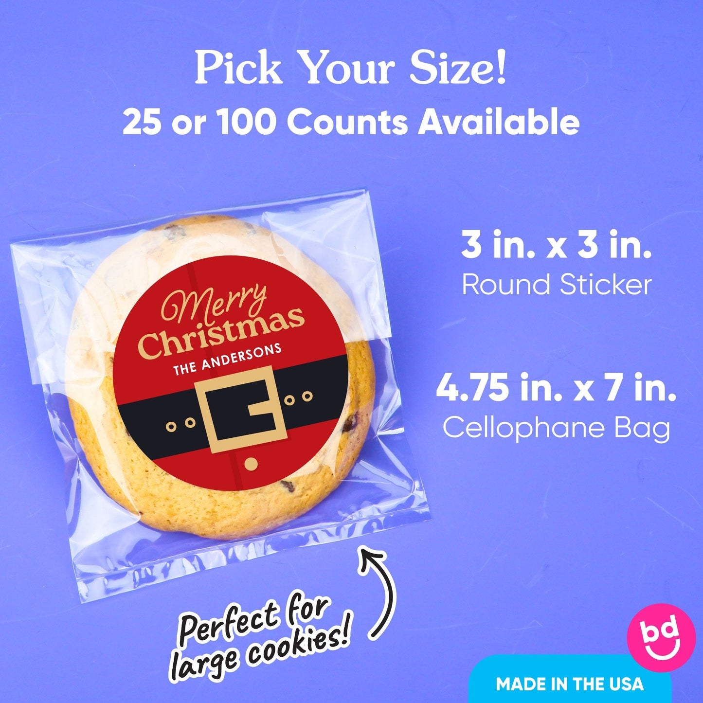 Custom Text Stickers & Clear Cookie Bags - Jolly Santa - 25 Ct