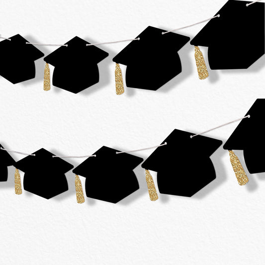 Black Grad Cap Garland Banner - 15 Pc