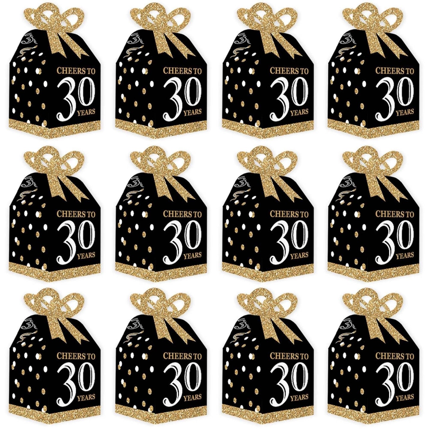 Adult 30th Birthday - Gold - Square Favor Gift Boxes - Birthday Party Bow Boxes - Set of 12
