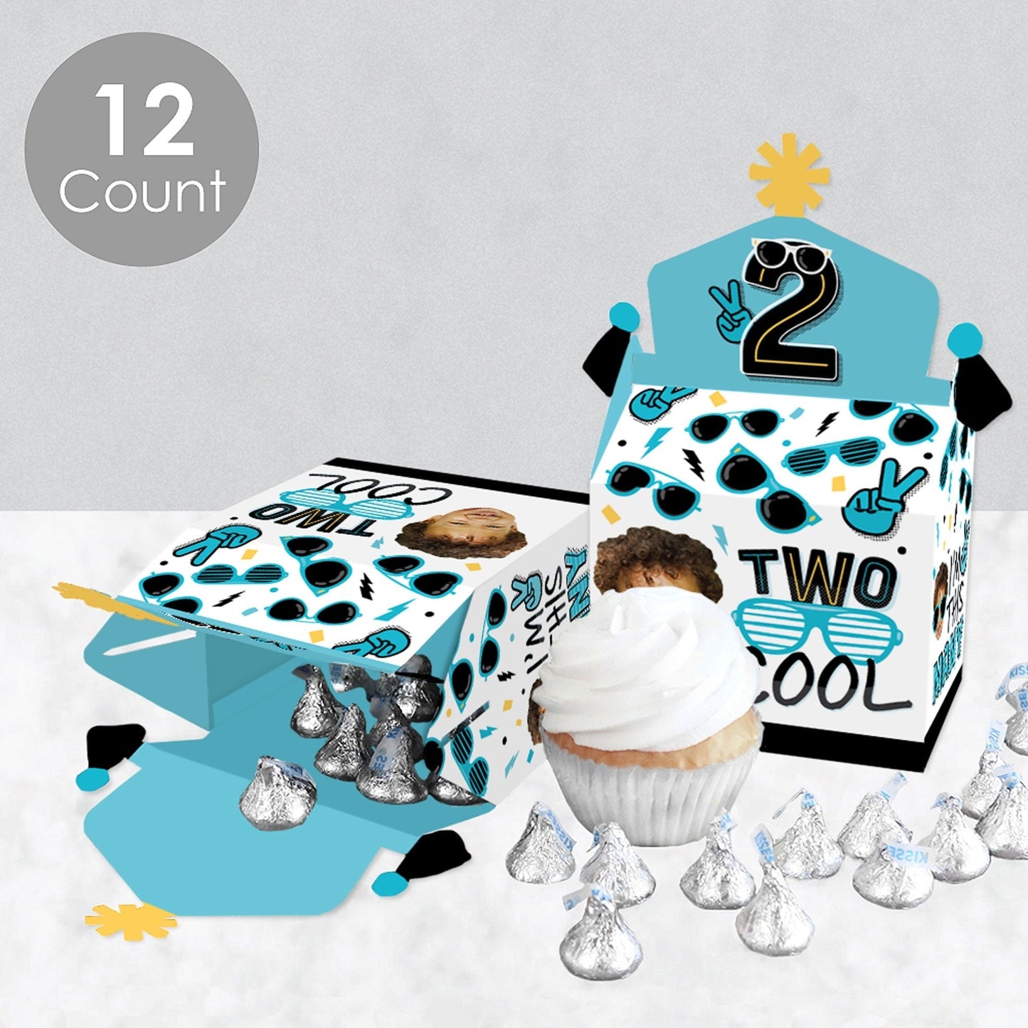 Custom Photo Two Cool - Boy - Blue 2nd Birthday Treat Box Party Favors - Fun Face Goodie Gable Boxes - Set of 12
