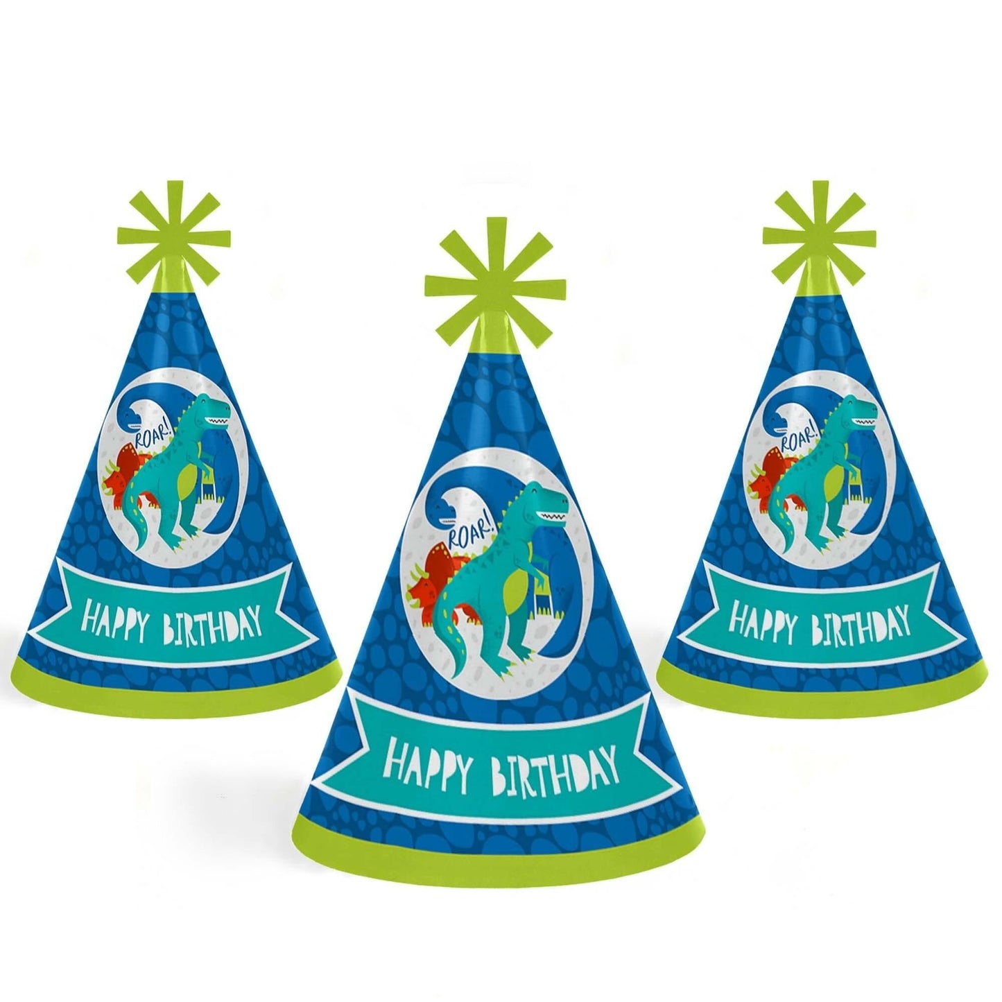 Roar Dinosaur - Cone Happy Birthday Party Hats for Kids and Adults - Set of 8 (Standard Size)