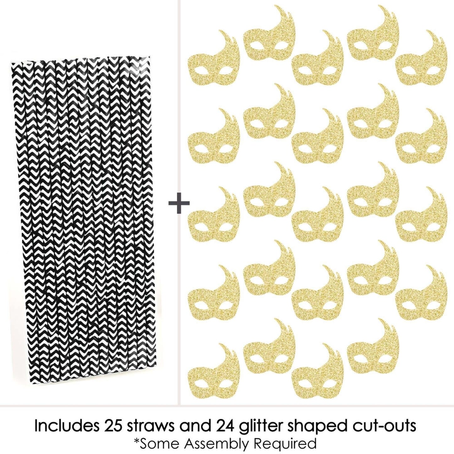 Gold Glitter Masks Party Straws - No-Mess Real Gold Glitter Cut-Outs & Decorative Masquerade Mardi Gras Party Paper Straws - Set of 24