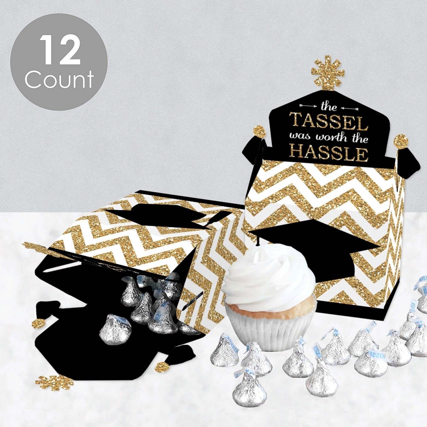 Tassel Worth The Hassle - Gold - Treat Box Party Favors - Graduation Party Goodie Gable Boxes - Set of 12