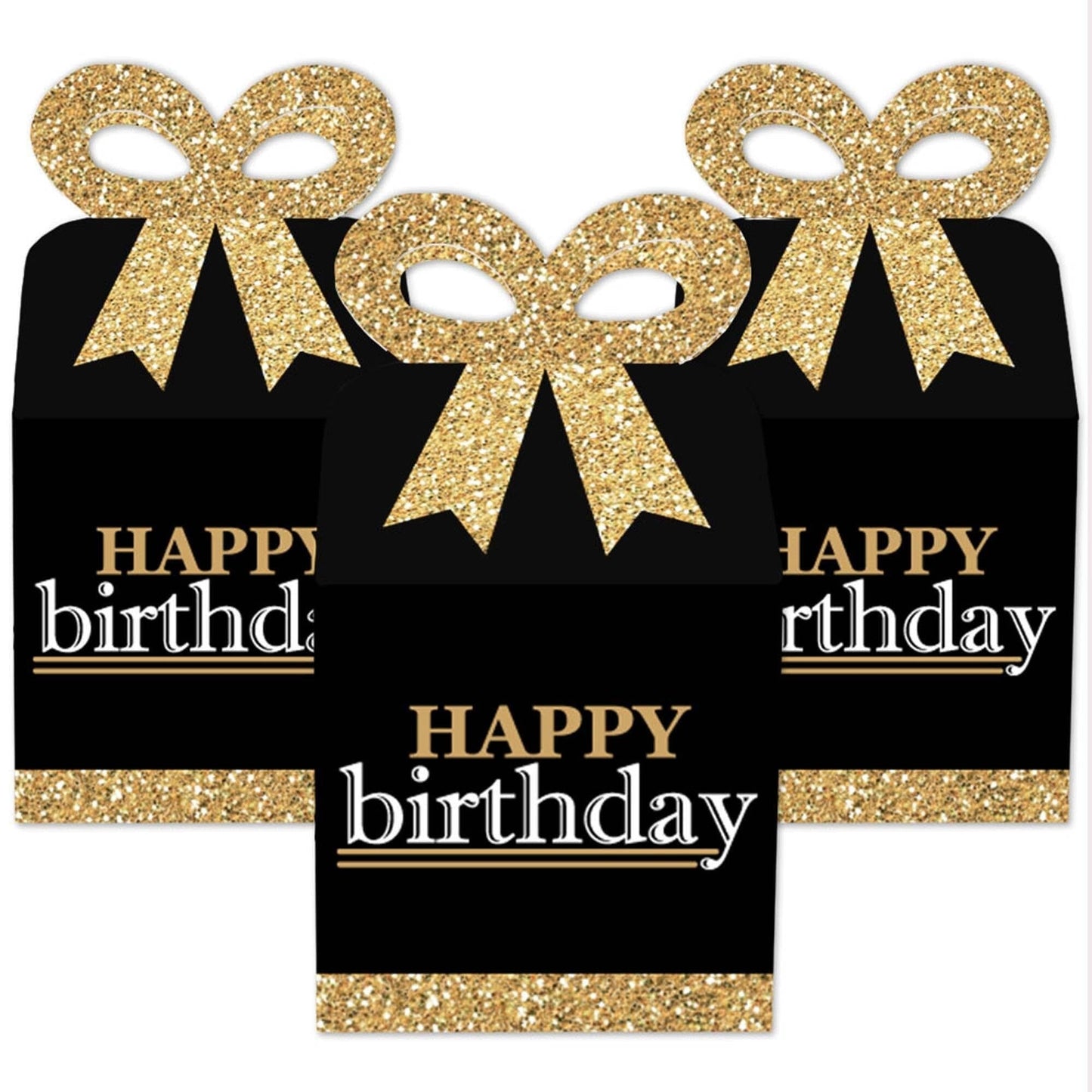 Adult Happy Birthday - Gold - Square Favor Gift Boxes - Birthday Party Bow Boxes - Set of 12