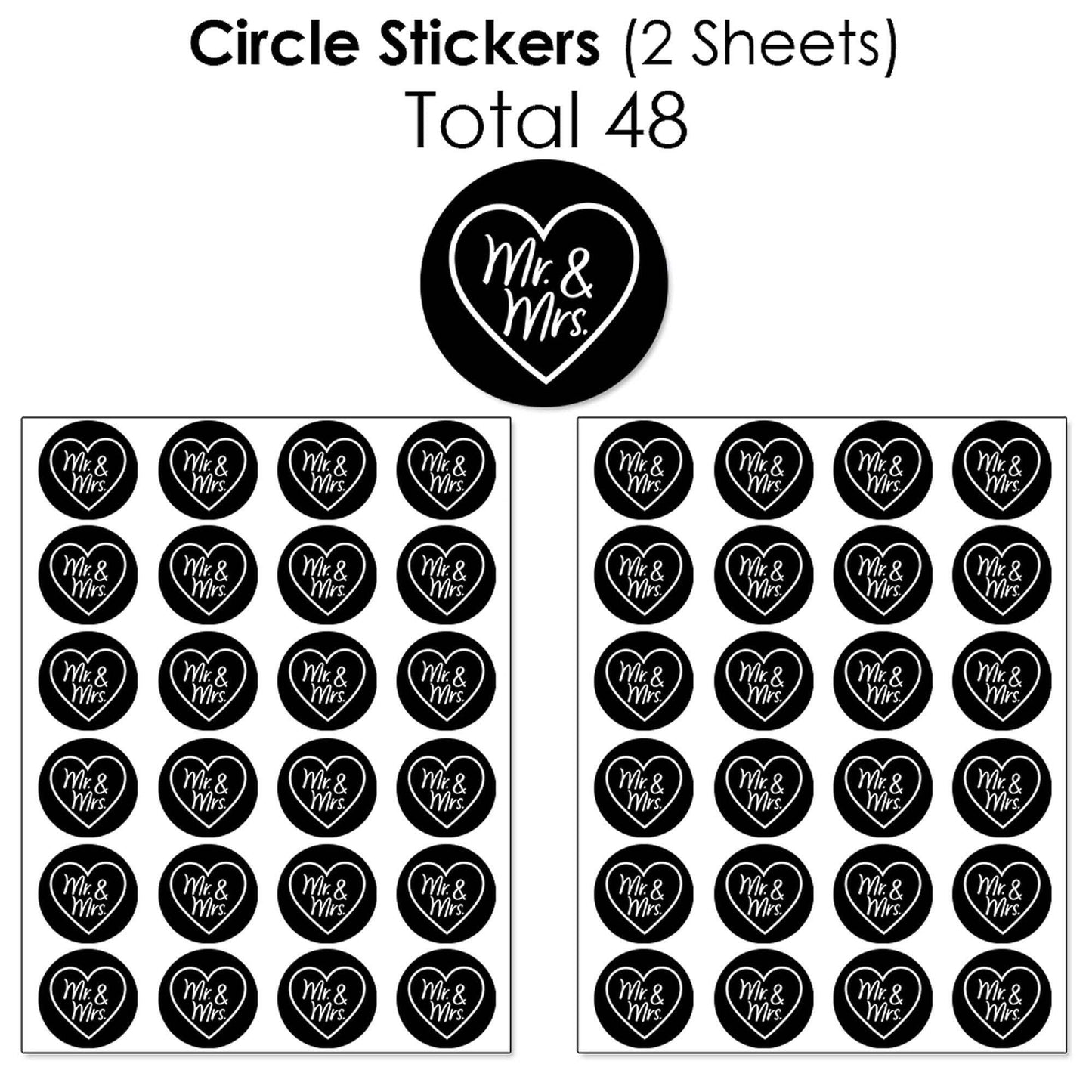 Mr. and Mrs. - Mini Candy Bar Wrappers, Round Candy Stickers and Circle Stickers - Black and White Wedding or Bridal Shower Candy Favor Sticker Kit - 304 Pieces