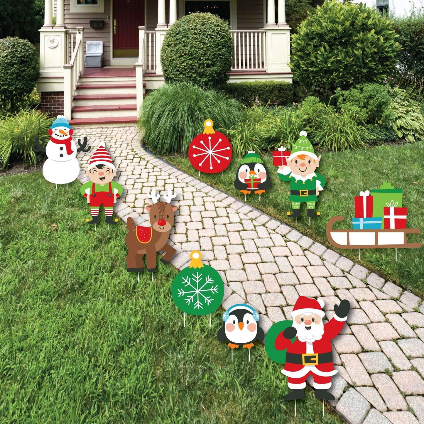 Very Merry Christmas - Santa, Elves, Penguins, Reindeer, Snowman, Sleigh, Ornaments Lawn Decorations - Outdoor Holiday Santa Claus Party Yard Decorations - 10 Piece