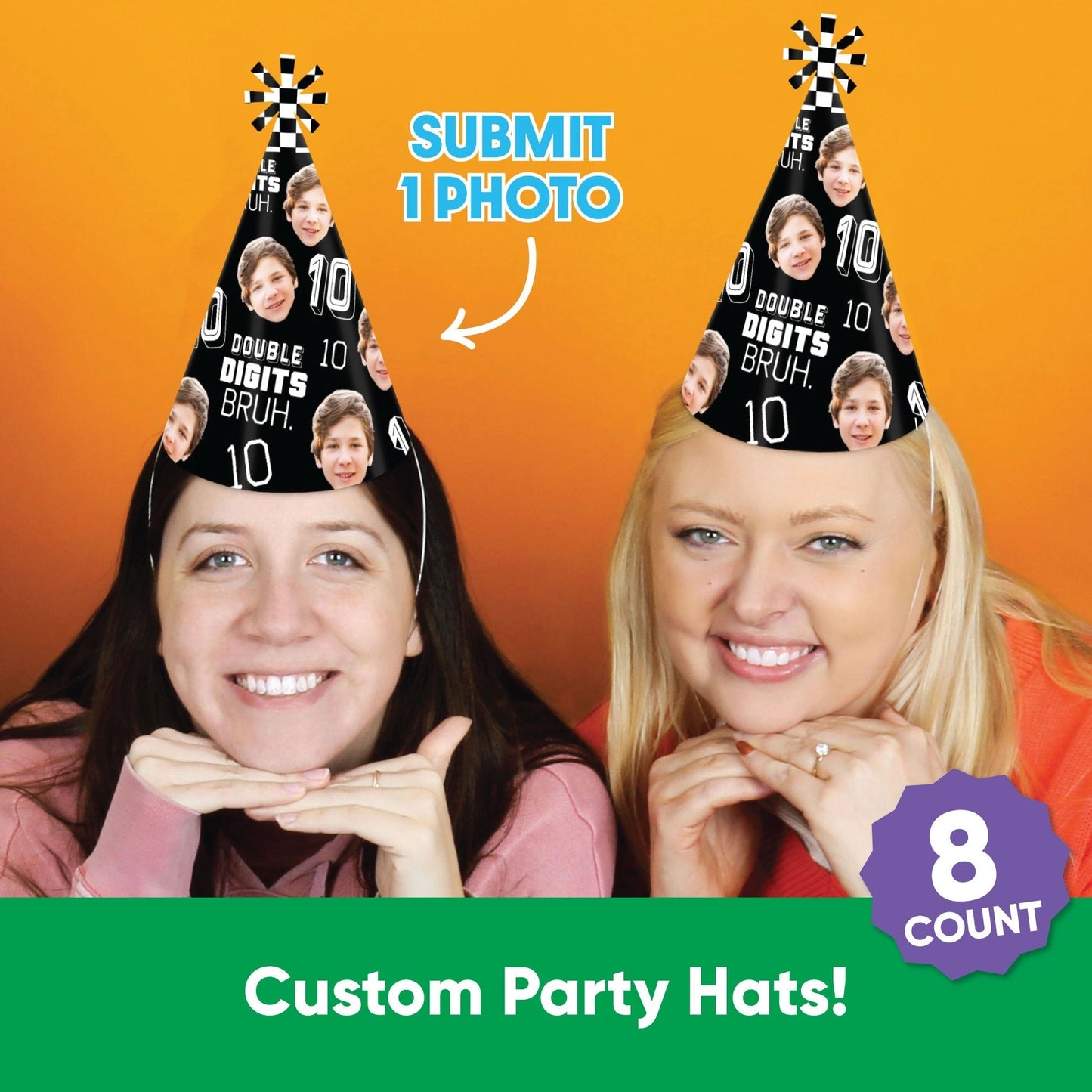 Custom Photo 10th Birthday Bruh Cone Hat - 8 Ct