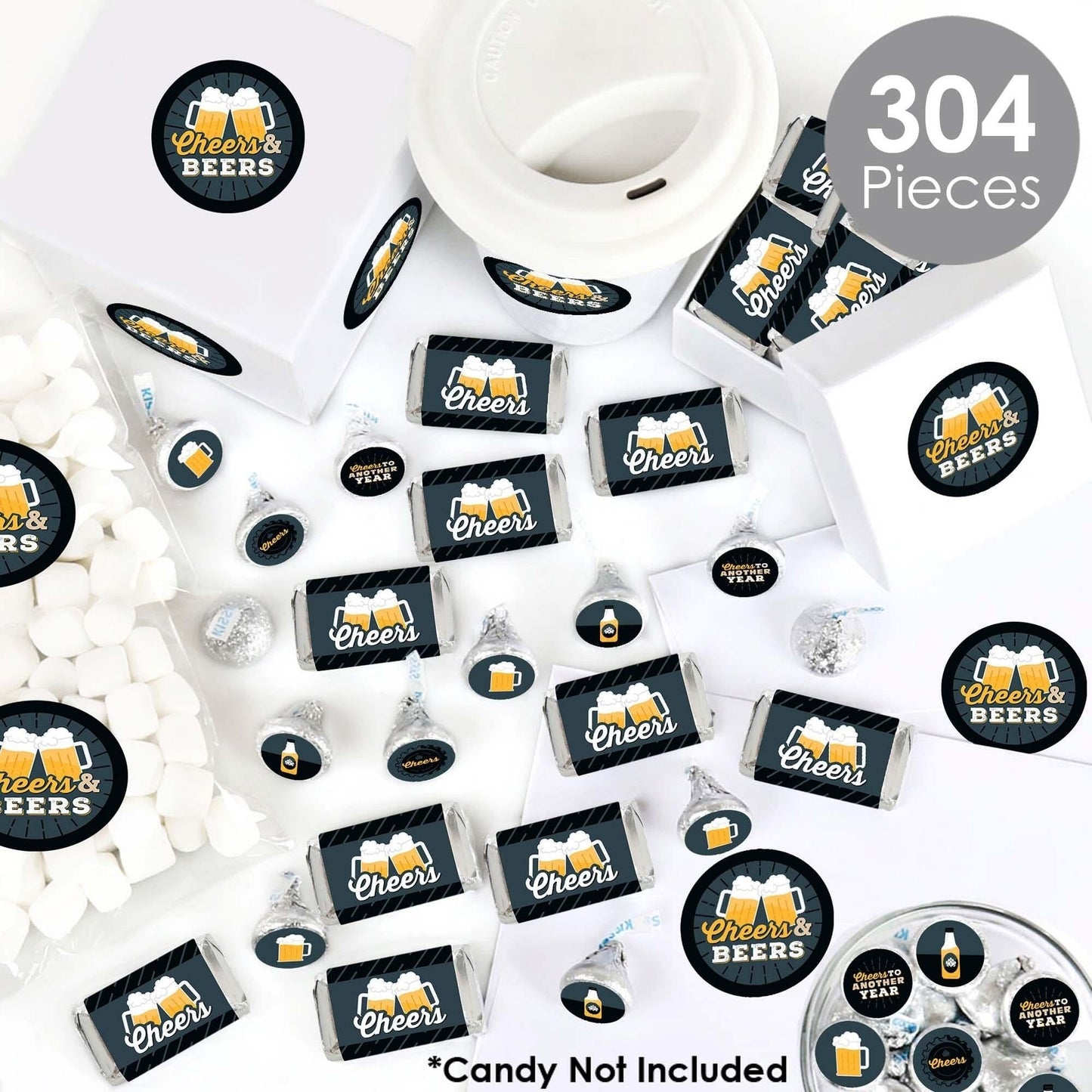Cheers and Beers Happy Birthday - Mini Candy Bar Wrappers, Round Candy Stickers and Circle Stickers - Candy Favor Sticker Kit - 304 Pieces