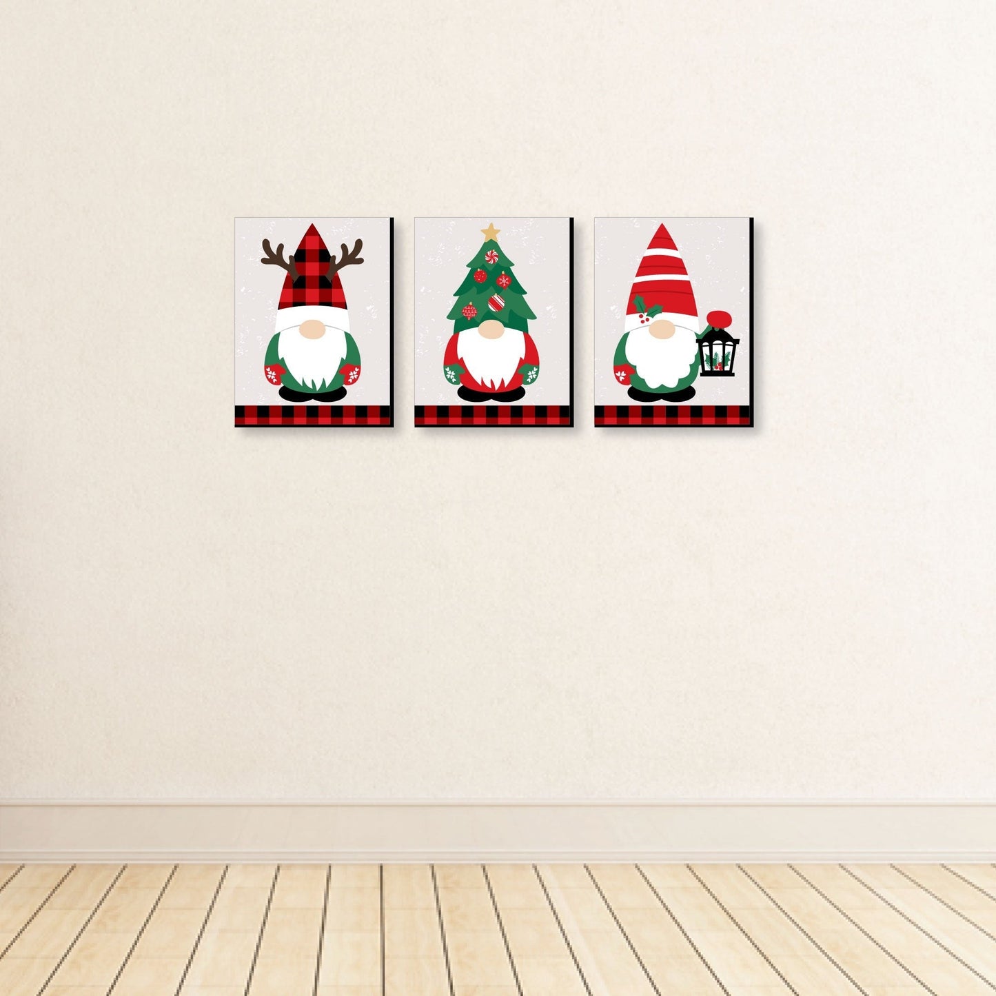 Red and Green Holiday Gnomes - Christmas Wall Art Room Decor - 7.5 x 10 inches - Set of 3 Prints