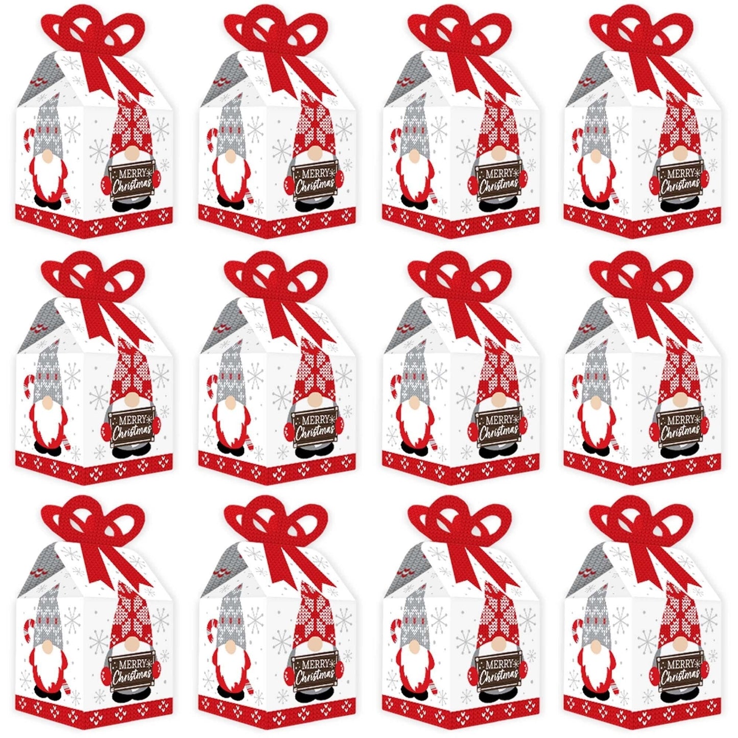 Christmas Gnomes - Square Favor Gift Boxes - Holiday Party Bow Boxes - Set of 12