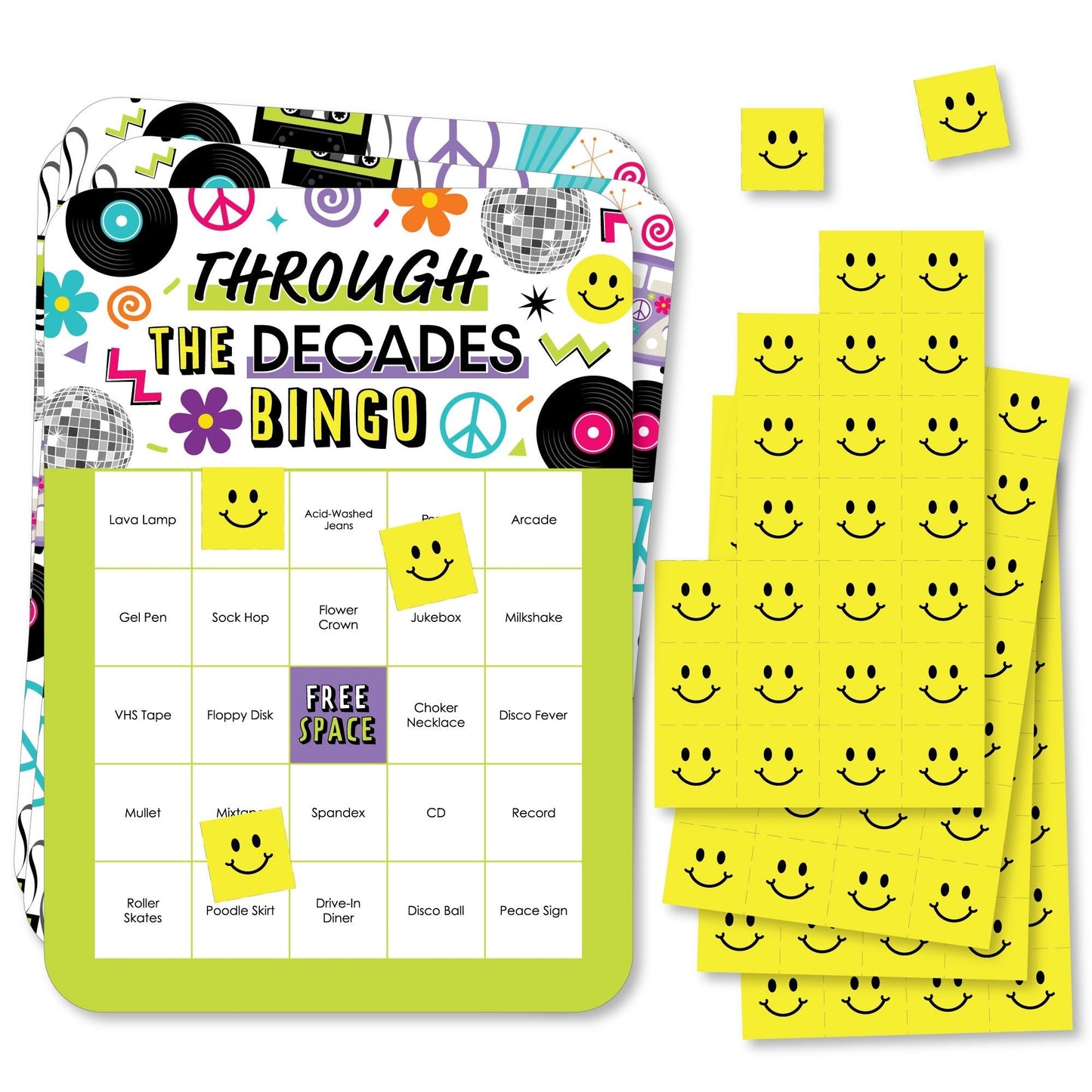 Through the Decades - Bingo Cards and Markers - 50s, 60s, 70s, 80s, and 90s Party Bingo Game - Set of 18