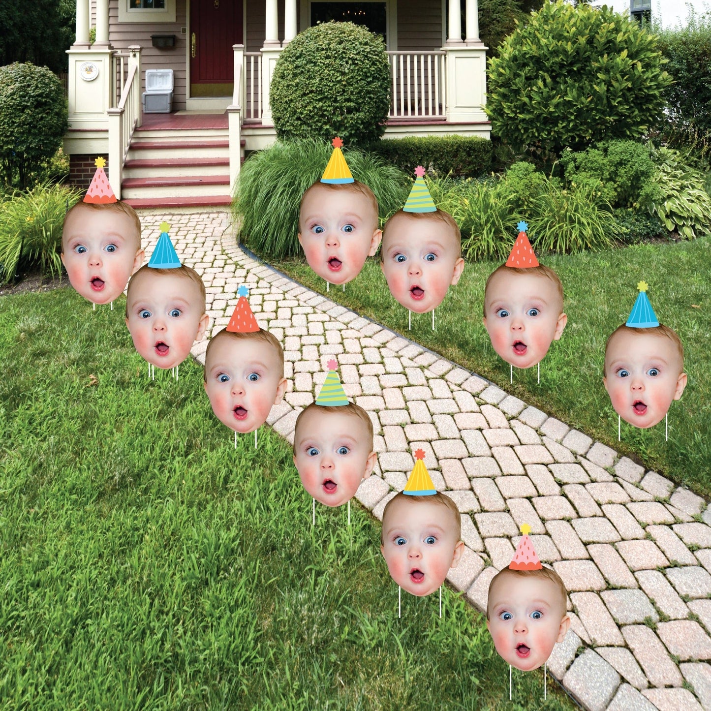 Custom Face Yard Signs - Party Time Colorful Birthday - 10 Pc