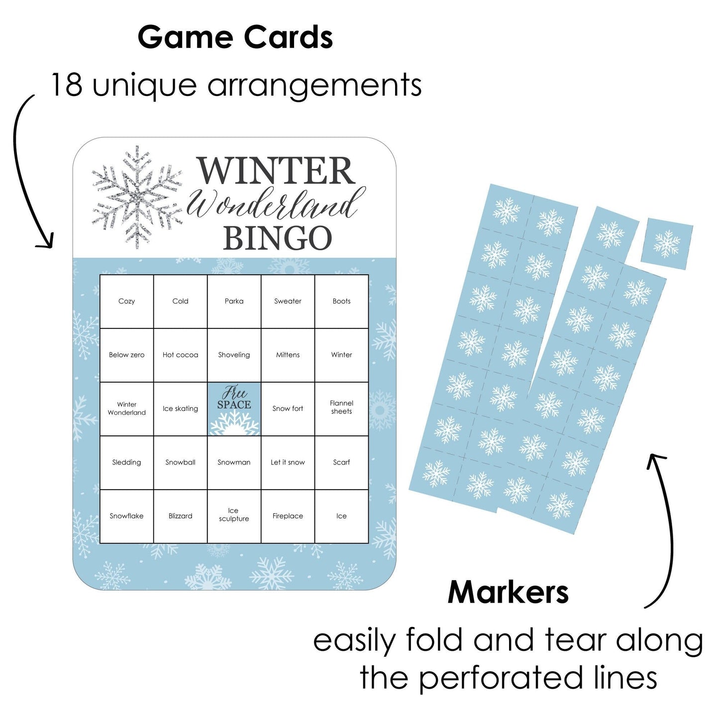 Winter Wonderland - Bingo Cards and Markers - Snowflake Holiday Party and Winter Wedding Bingo Game - Set of 18