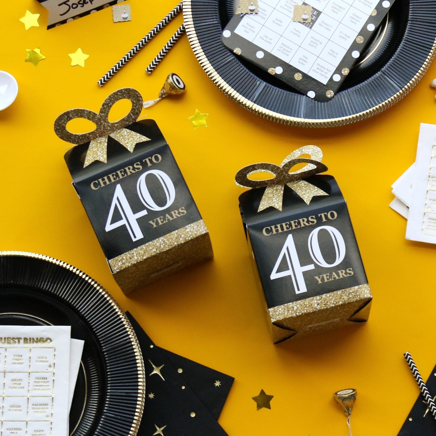 Adult 40th Birthday - Gold - Square Favor Gift Boxes - Birthday Party Bow Boxes - Set of 12