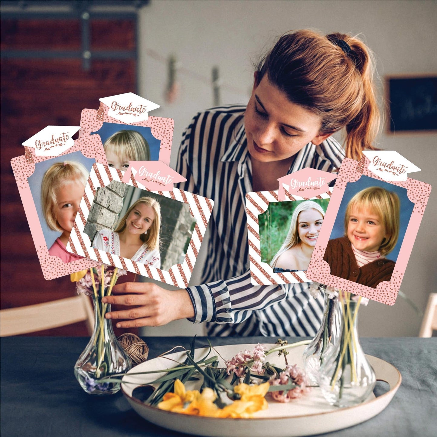 Rose Gold Grad - Graduation Party Picture Centerpiece Sticks - Photo Table Toppers - 15 Pieces