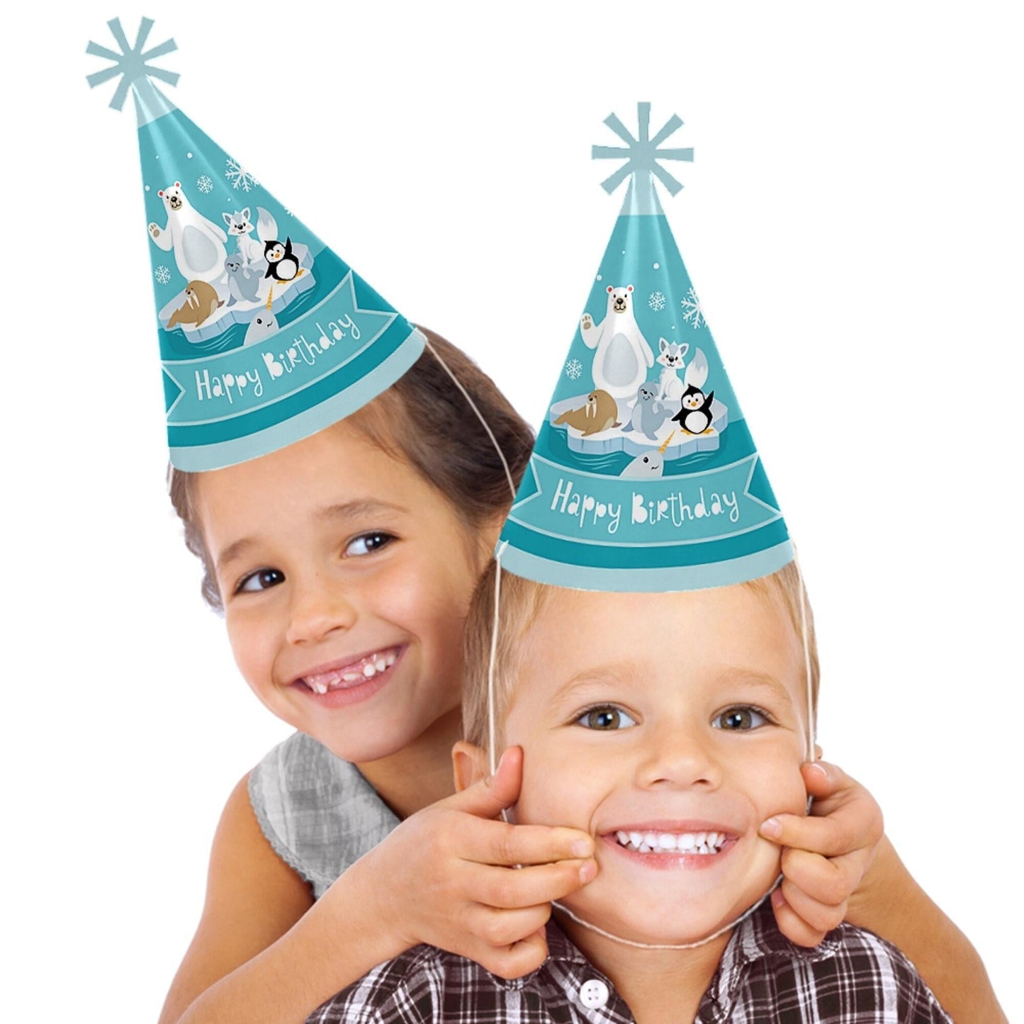 Arctic Polar Animals - Cone Happy Birthday Party Hats for Kids and Adults - Set of 8 (Standard Size)