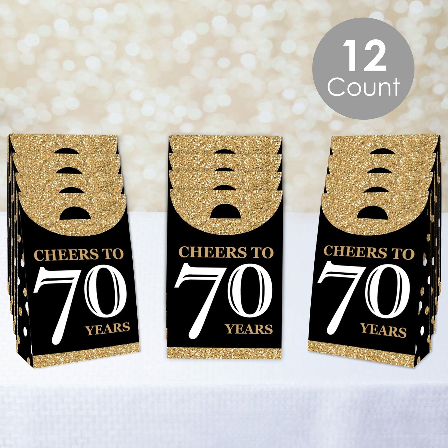 Adult 70th Birthday - Gold - Birthday Gift Favor Bags - Party Goodie Boxes - Set of 12