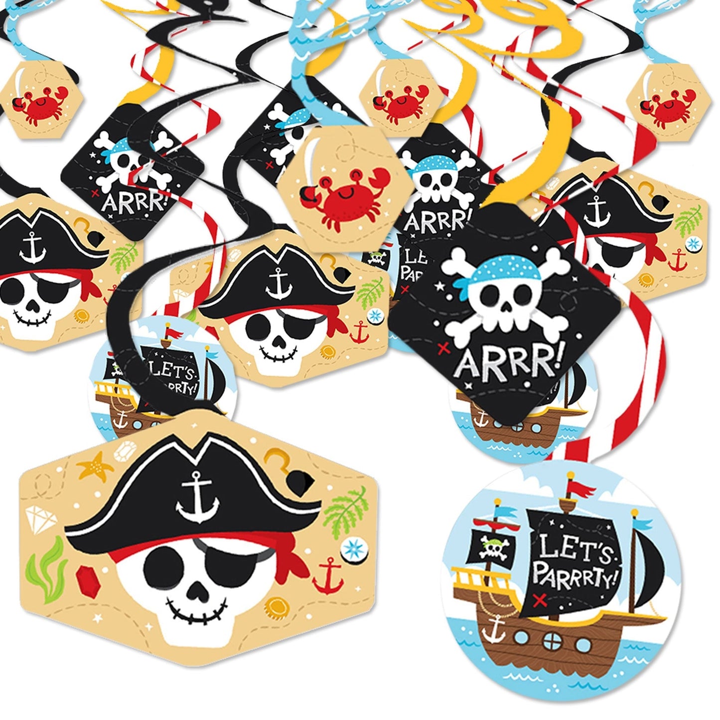 Pirate Ship Adventures - Skull Birthday Party Hanging Decor - Party Decoration Swirls - Set of 40