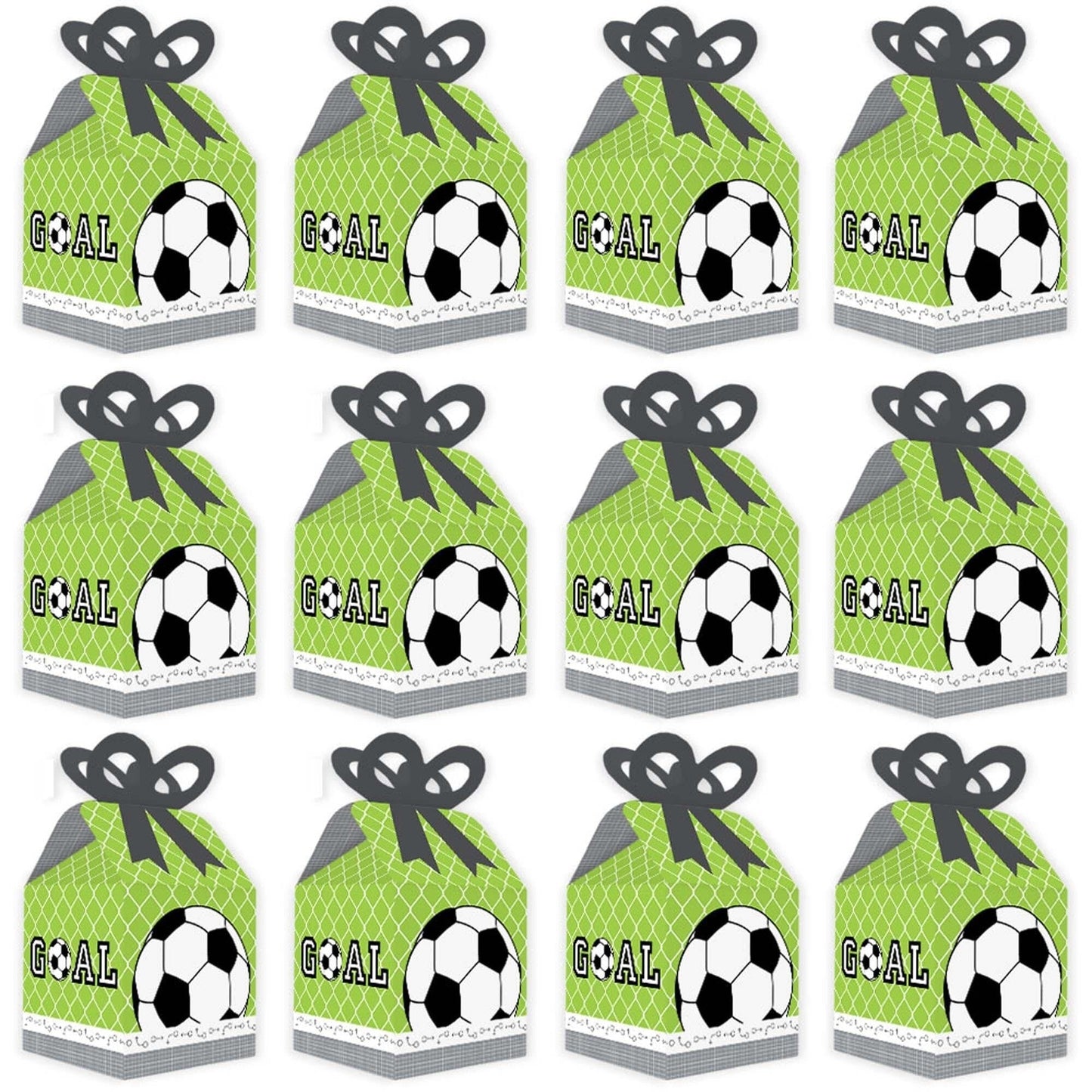 GOAAAL! - Soccer - Square Favor Gift Boxes - Baby Shower or Birthday Party Bow Boxes - Set of 12